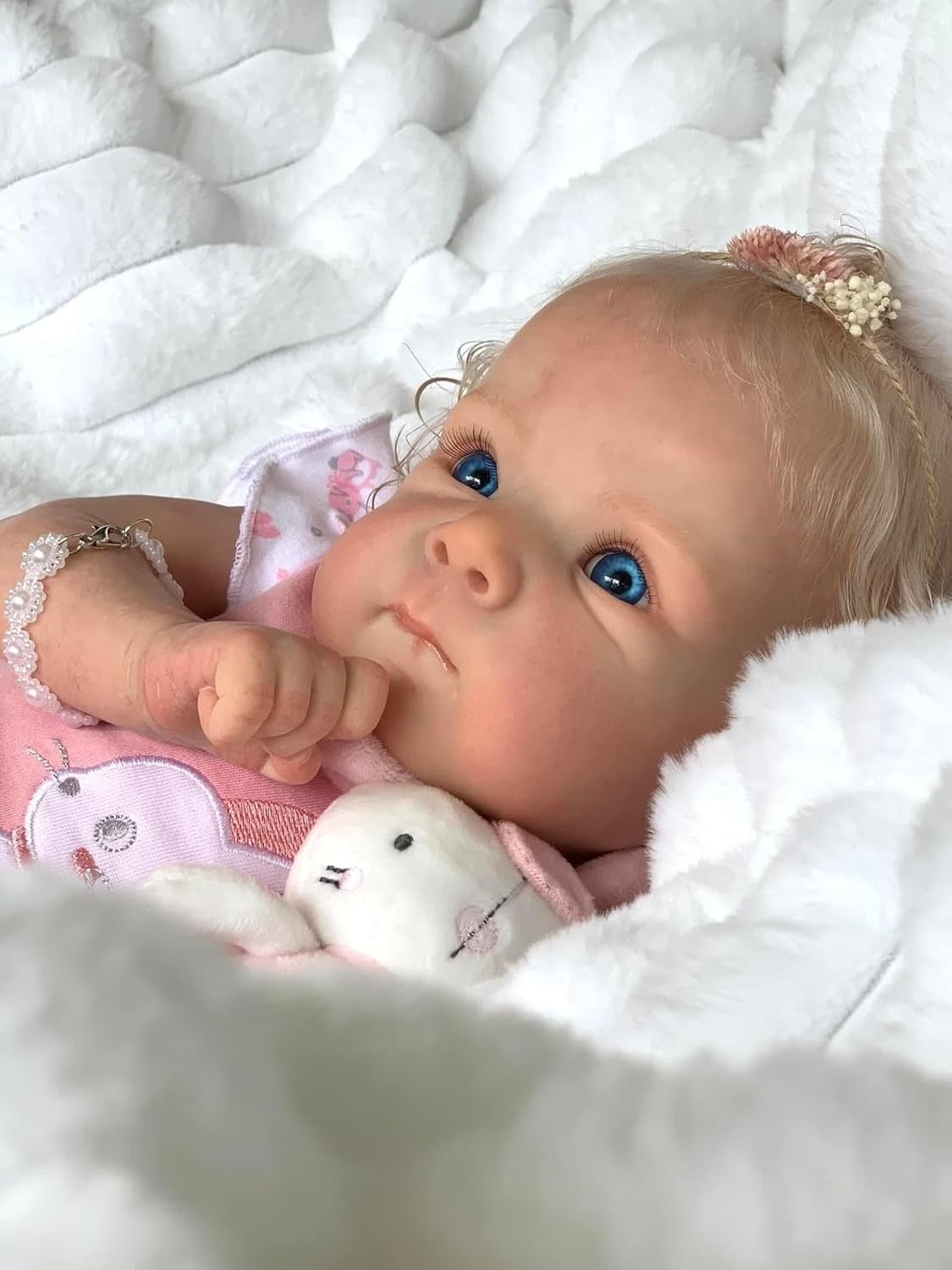 Lebensechte Reborn Baby Puppe 18 Zoll, Rosa Vinyl Mit Synthetischem Haar KöRper Aus Baumwolle, Realistische GesichtszüGe, Reborn Puppen Lebensecht Sammlerkollektion Mit Puppen-Zubehör