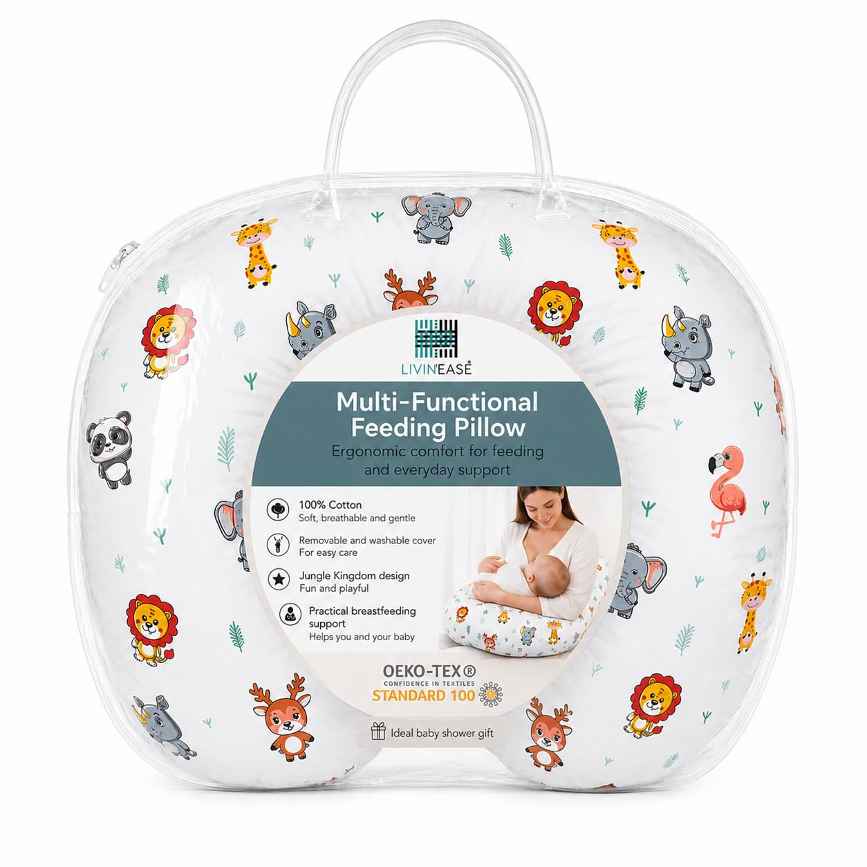 LivinEase Multifunctional Nursing Pillow - Versatile Breastfeeding Pillow with 100% Cotton Pillowcase - Pregnancy Gifts - Washable Maternity Feeding Pillow (Jungle Kingdom)
