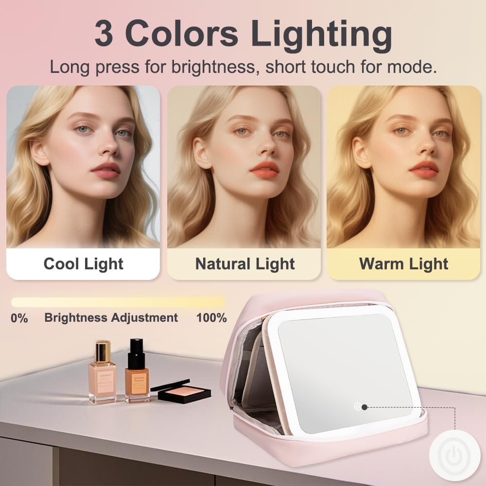 Glint&Glide travel makeup bag with led mirror open showing compartments