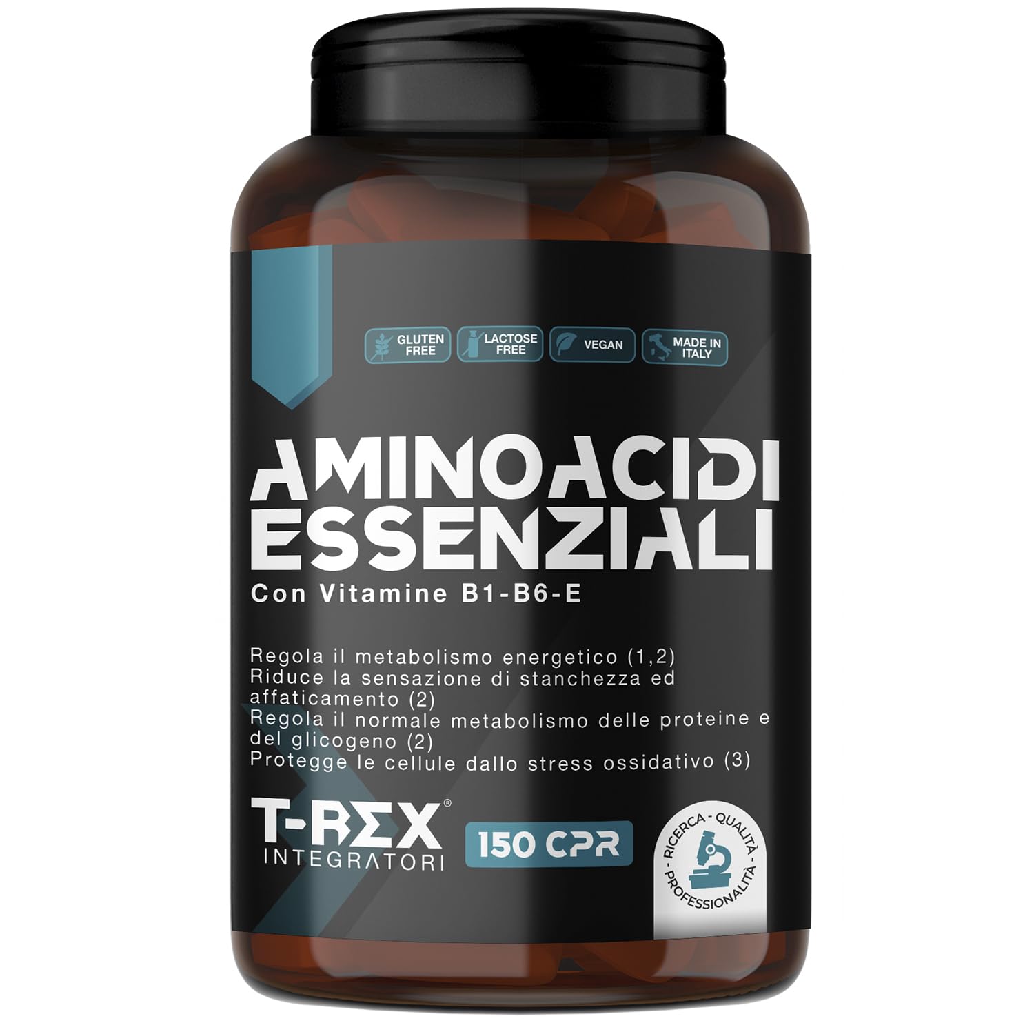 EAA Aminoacidi Essenziali con mix di vitamine B1, B6 ed E - Integratore di amminoacidi naturali vegan ottenuti da fermentazione T-Rex Integratori (Compresse, 150 Unità (Confezione da 1))