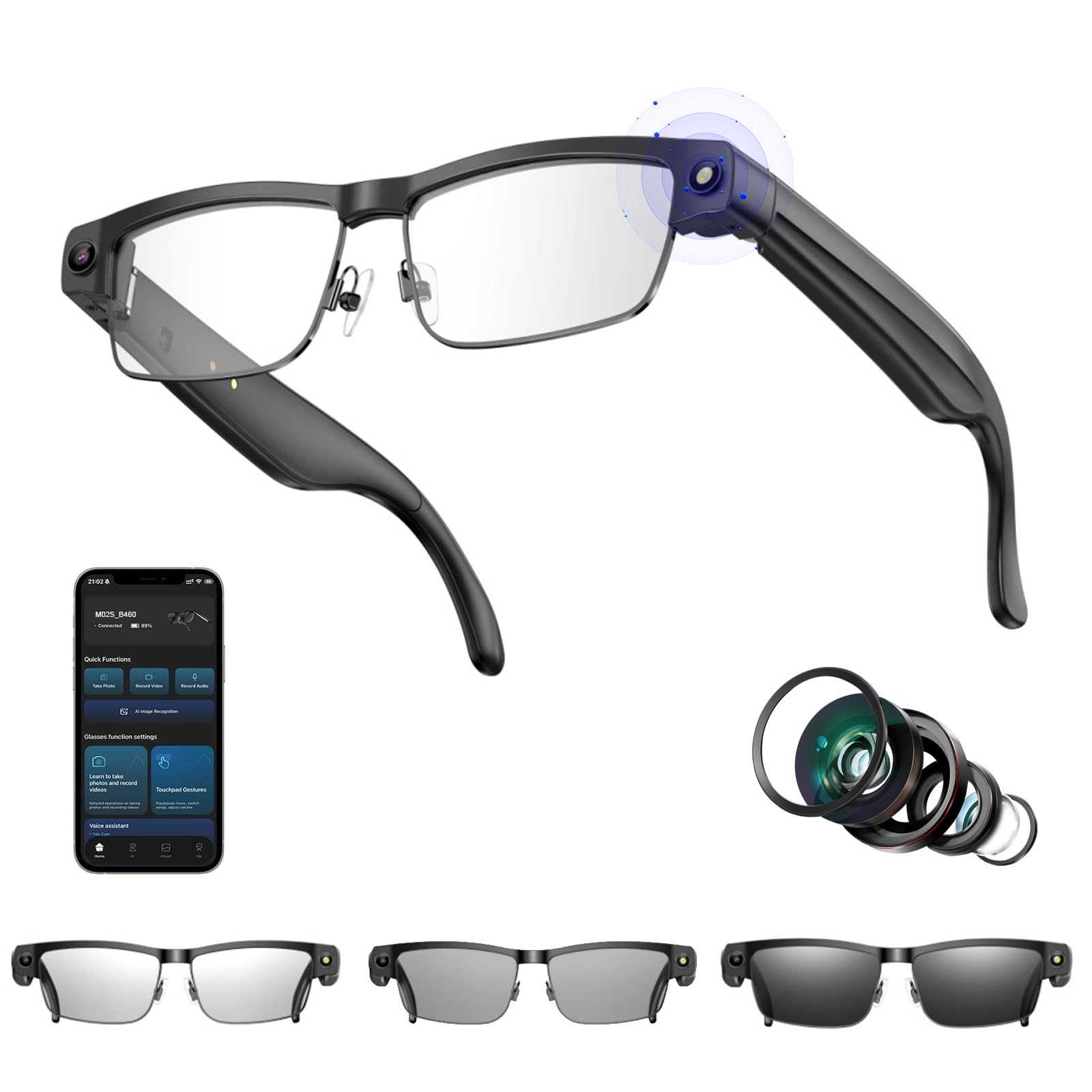 Lunettes AI Smart Camera, 4K 800 W Lunette Camera HD avec Assistant IA pour Traduction en Temps Réel, Traduction Simultanée Identification d'objet GPT lentilles photochromiques, Lunettes Connectées