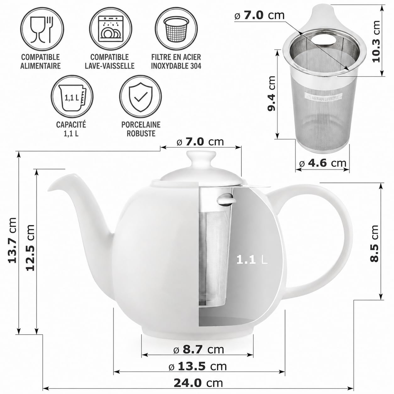 Urban Lifestyle Théière avec Filtre 1,1 Litre Théière en Fine Porcelaine de Haute Qualité avec Infuseur en Acier Inoxydable 800 ml Capacité Utile Anti Goutte Couvercle Stabilisé Blanche SWANSEA