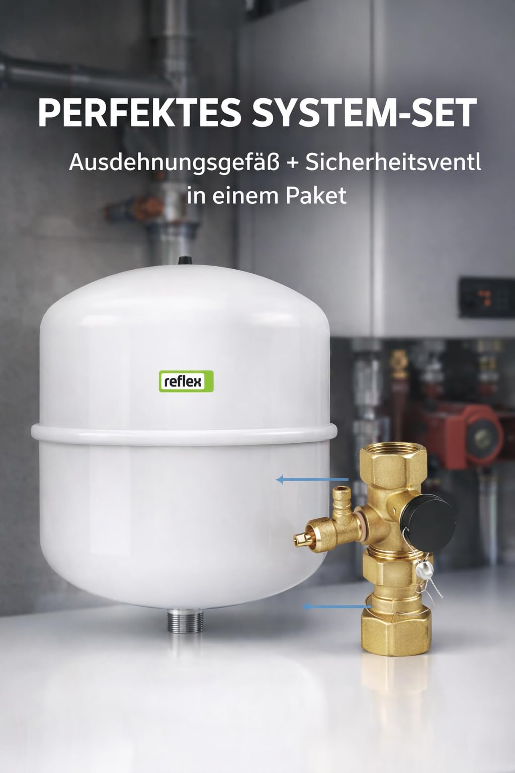 Reflex N 25 Membran-Druckausdehnungsgefäß 25 l, grau + Kappenventil 4 bar 3/4"×3/4" Messing mit KFE-Hahn – für geschlossene Heiz-/Kühlwassersysteme, DIN EN 13831, PED 2014/68/EU