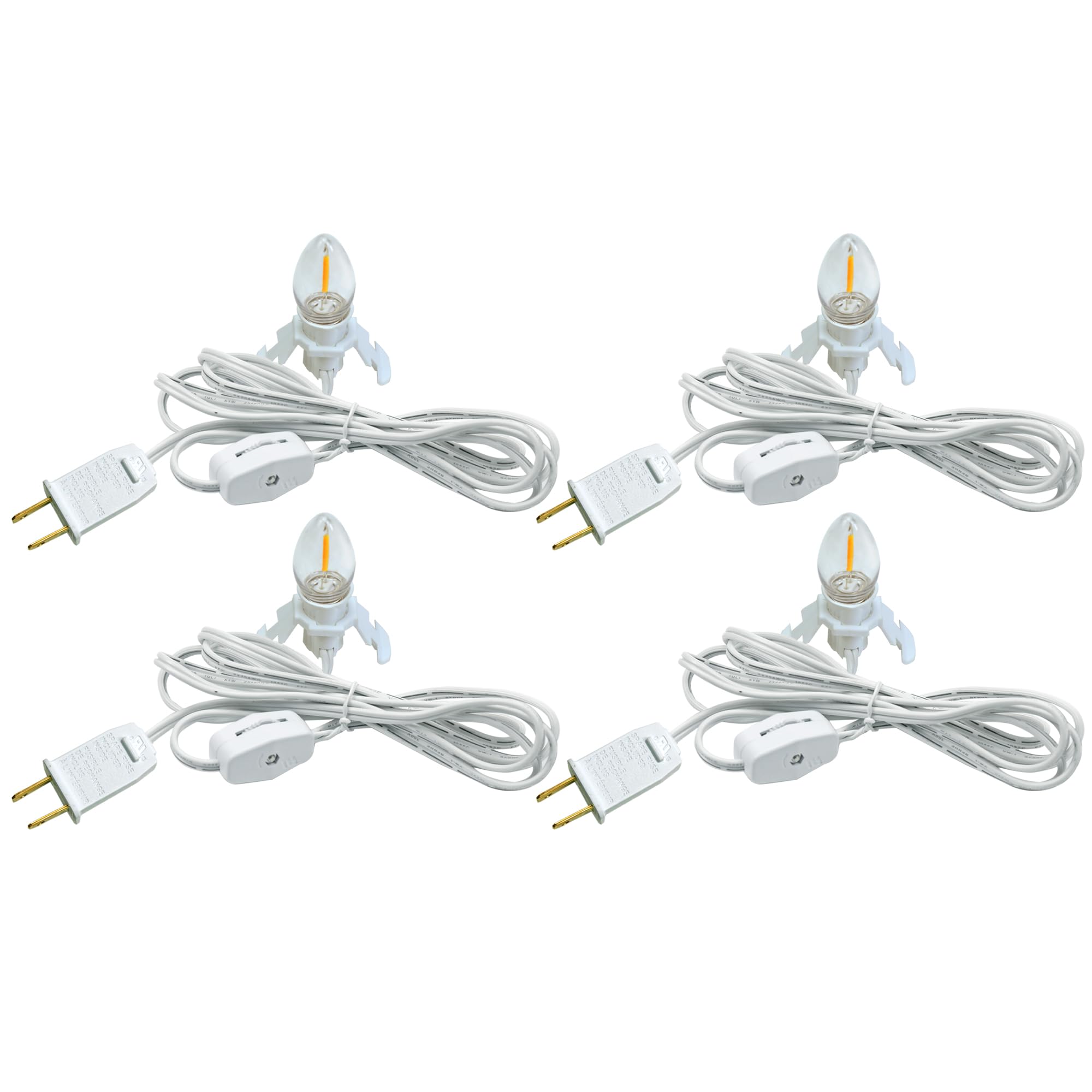 MEILUX 4 Pack Accessory Cord with LED Night Light Bulbs - White Cord with On/Off Switch Plugs - C7 led Bulb Warm White with Spare Fuse for Holiday