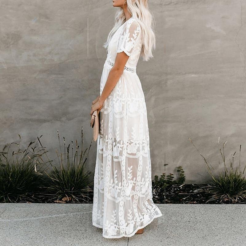 Womens White Boho Maxi Dress Deep V Neck Short Sleeve Lace Ruffle Long Dress Elegant Floral Beach Dresses4