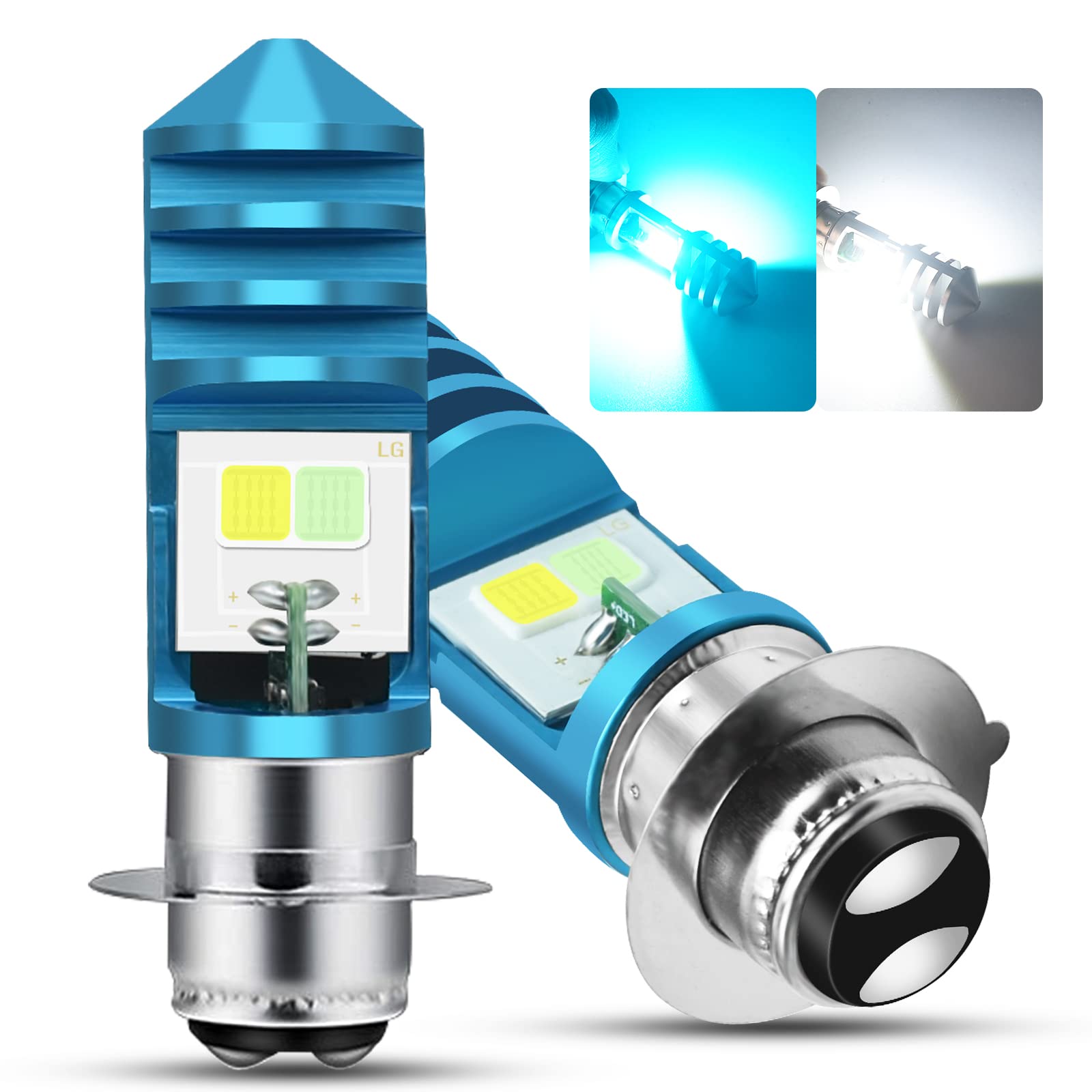 HAISECA 2Pcs 9-48V ATV LED Bulbs,Low Beam Ice Blue High Beam White H6M P15D LED Bulbs for or Motorcycle,Y amaha,A TVS Y FM350 450 400 660 700 Raptor.