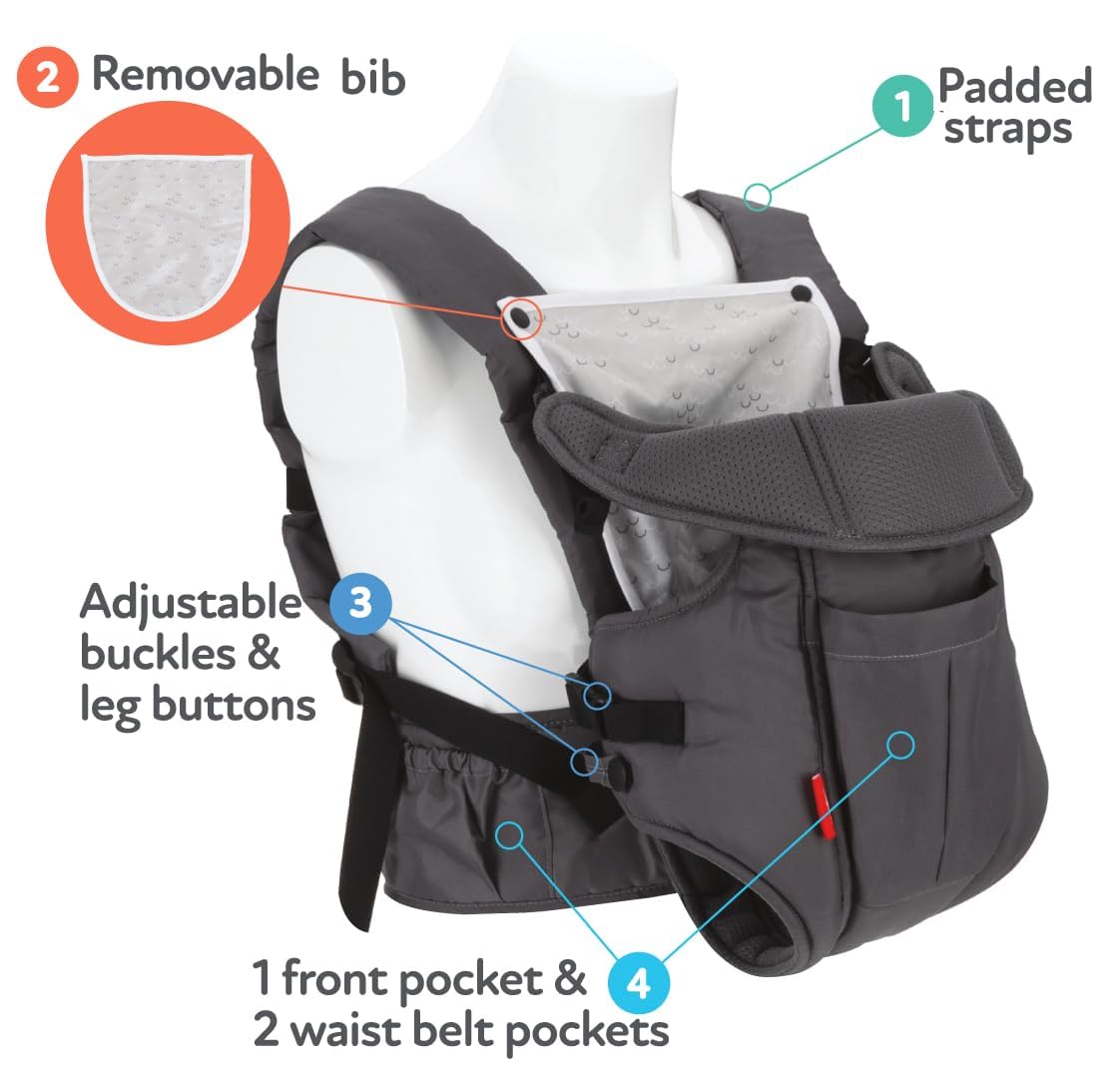 Nuby Porte-bébé de luxe : nouveau-né à tout-petit avec soutien lombaire pour 3,5 à 14,9 kg (3,5 à 14,9 kg) tissu maille respirant léger bonus anneau de dentition amovible bavoir pour bébé bavette
