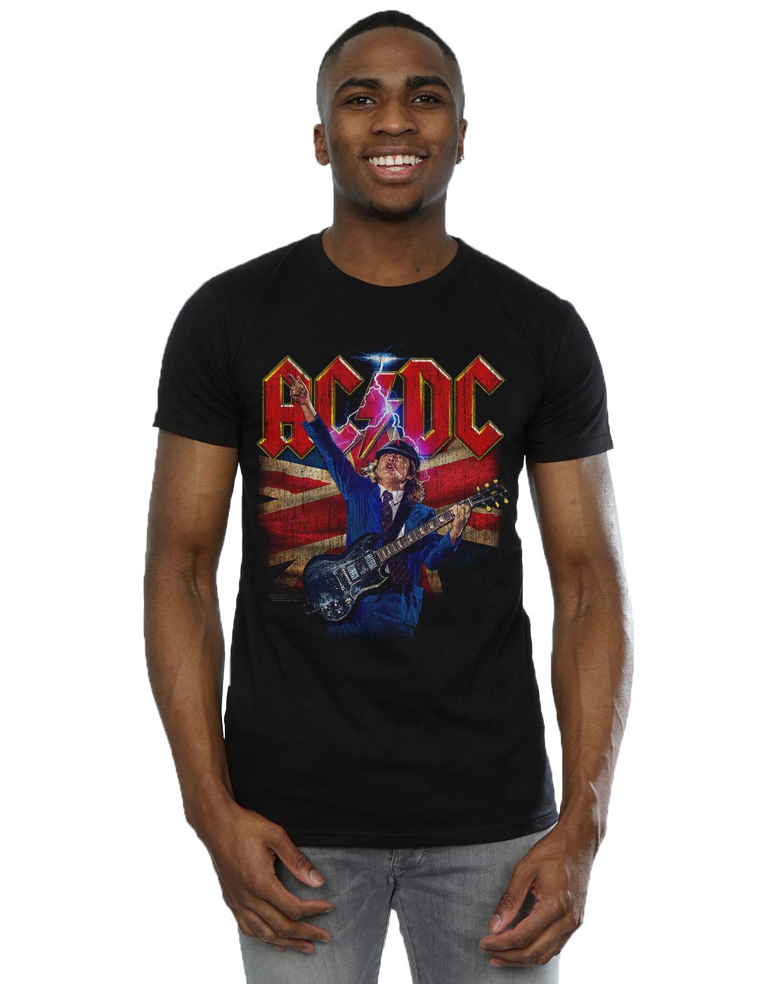 Absolute Cult Men's Black Ac/Dc Angus Union Flag Lightning T-Shirt XXXXX-Large