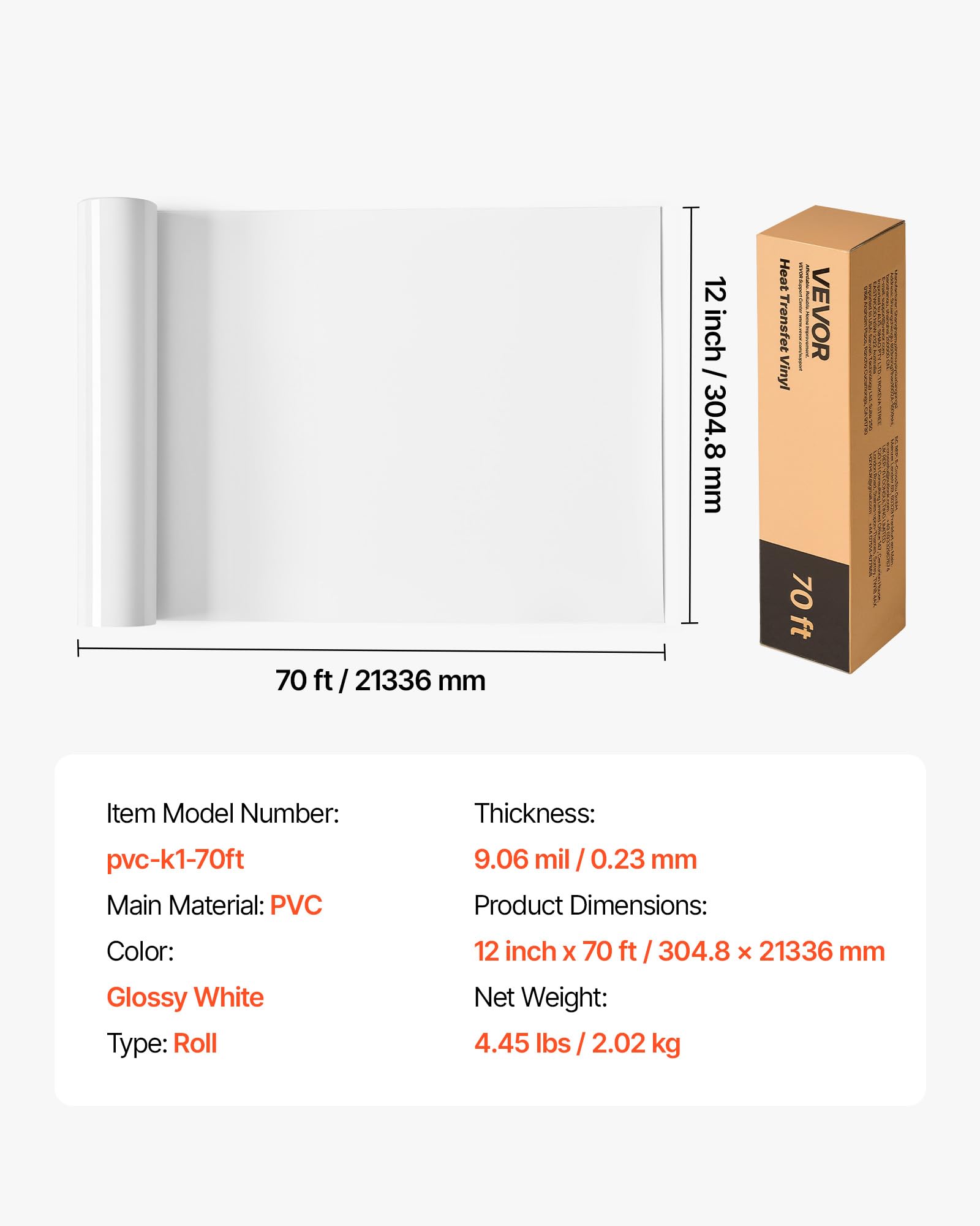 VEVOR Foglio di Rotolo Vinile Termoadesivo per Tessuti 304,8 x 21336 mm, Pellicola per Plotter in Vinile a Trasferimento Termico per Macchine da Taglio, per Magliette Cuscini Cappelli, HTV, Bianco