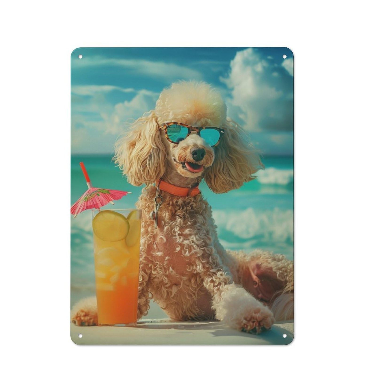 Junmoney Poodle Cocktail Beach Sun Metal Wall Art Sign 40X30cm, Old Fashioned Nostalgic Wall Art For Living Room, Hallway, Kitchen Or Cafe