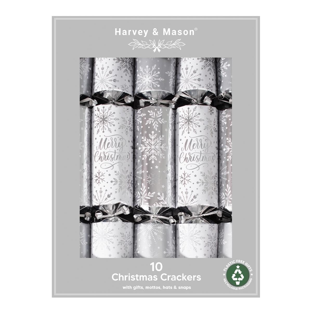 Harvey & Mason Silver Set Of 10 Luxury Eco-Friendly Christmas Crackers White And Snowflake Design Xmas Table Decoration