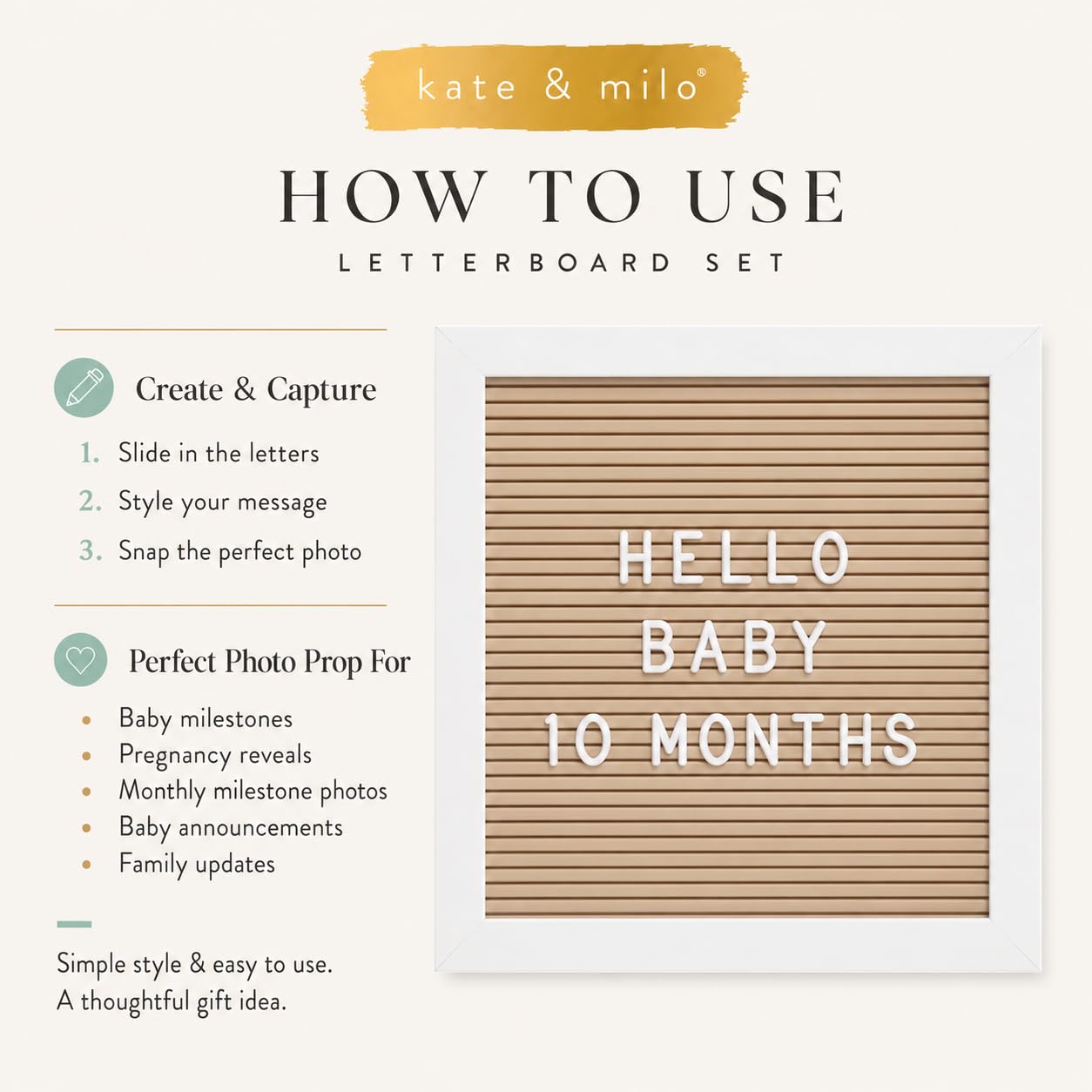 Kate & Milo Letterboard, Taupe, Classic Wooden Letterboard, Baby Keepsake Photo Prop, Taupe Letterboard Keepsake For Meilensteine, Gender Neutral Nursery Decor, Baby Announcement Prop