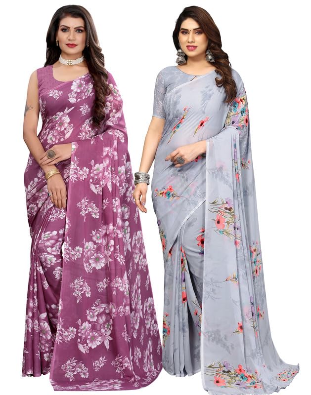 Image of SIRIL Women's Georgette Printed Saree With Unstitched Blouse Piece Combo Pack Of 2