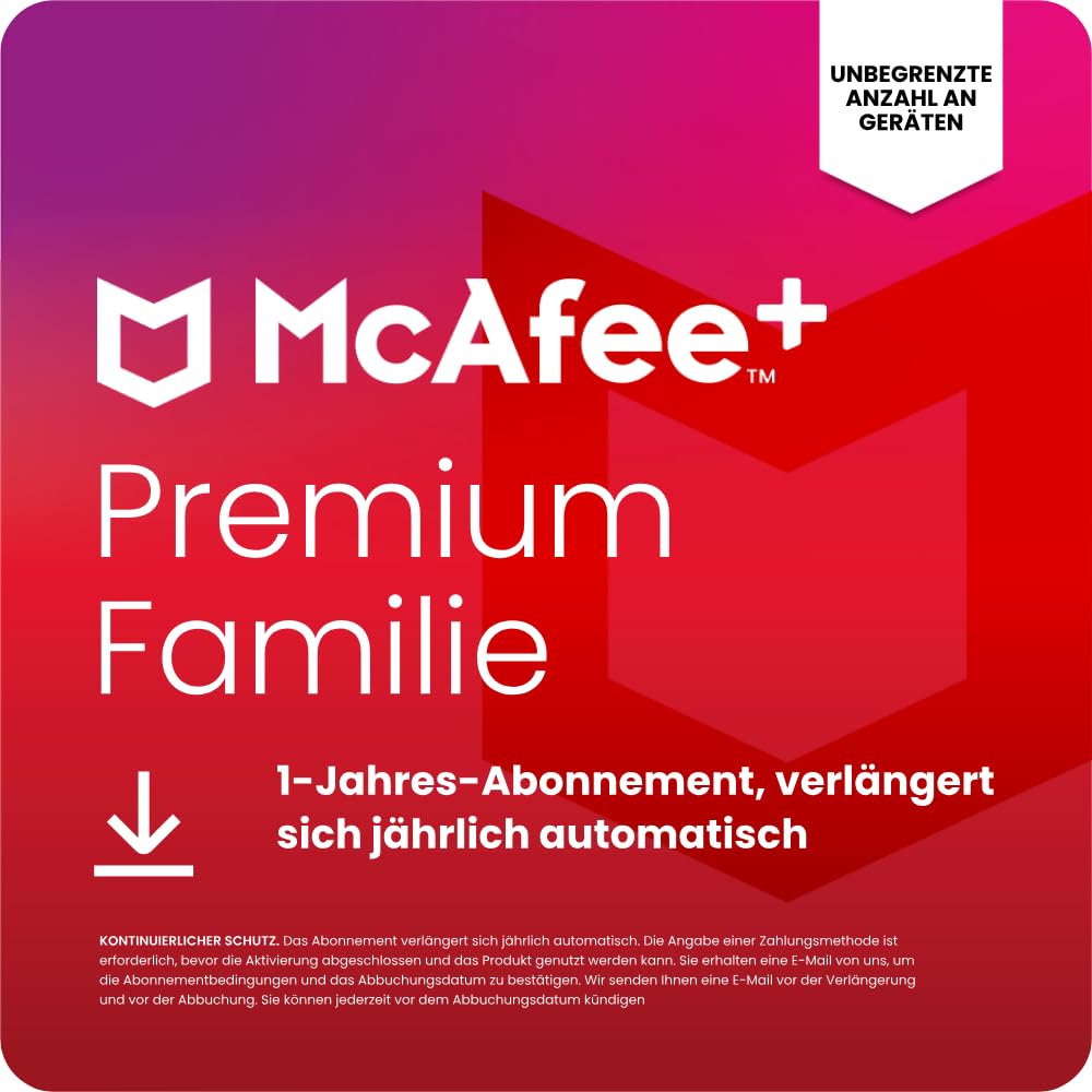 McAfee+Premium Family 2026 (unbegrenzte Anzahl von Geräten) | 12 Monate | VPN, Virenschutz, Kennwort-Manager, Kindersicherung | 1-Jahres-Abonnement mit automatischer Verlängerung | Download