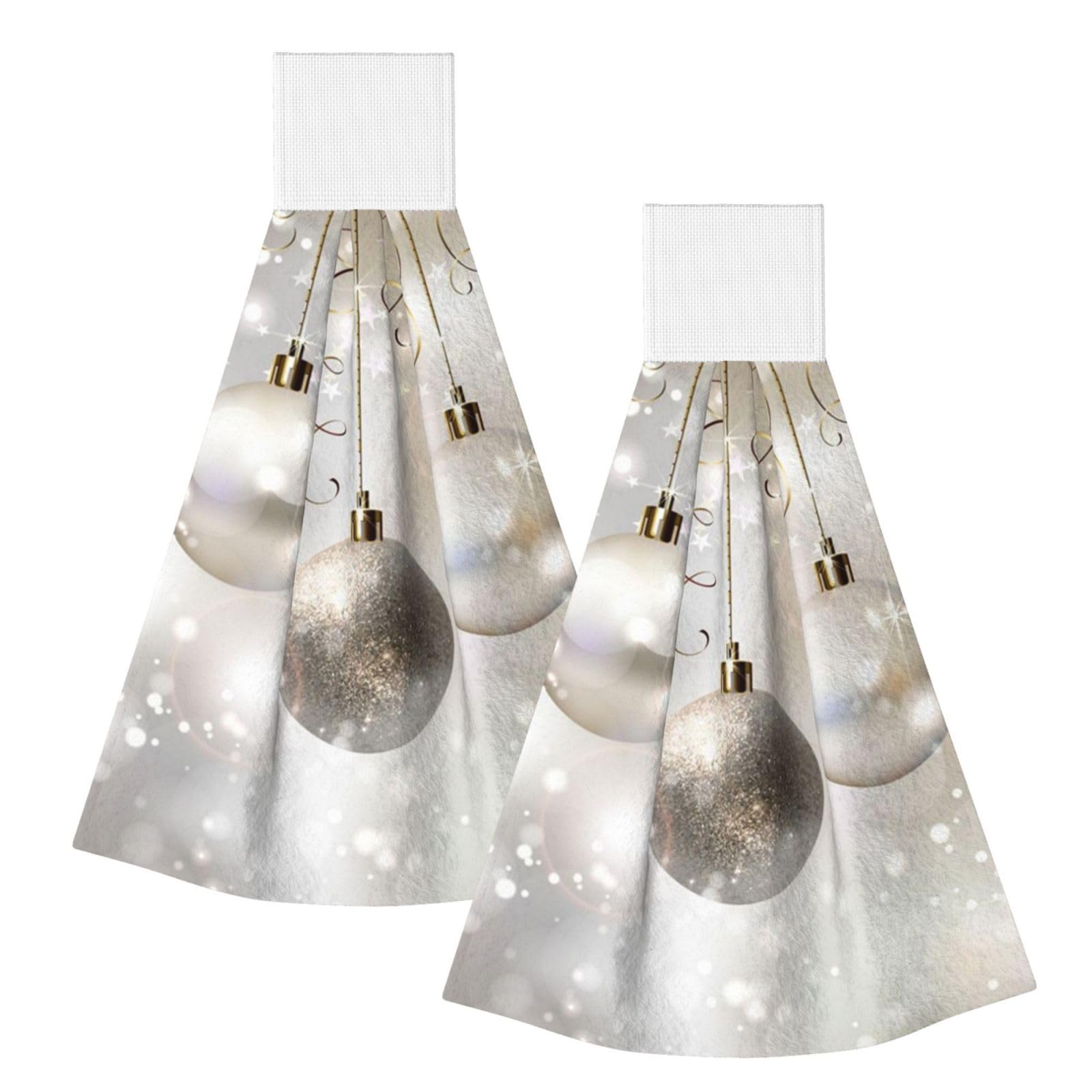 DOPKLNA Silver Xmas Balls Printed, 2 Pcs Hanging Coral Fiber Hand Towels for Bathroom, Absorbent Kitchen Towels