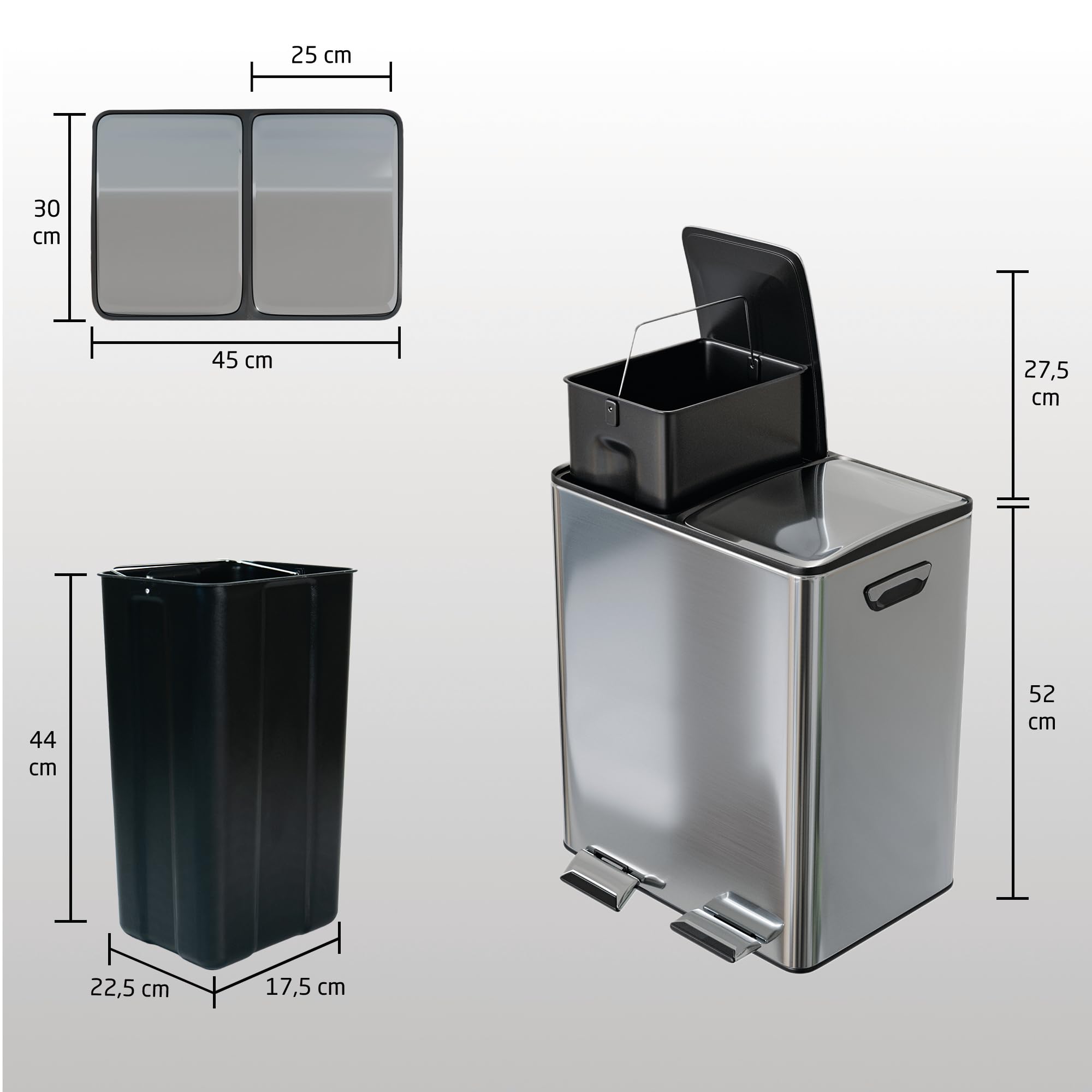 Amig - Pattumiera Doppia per Raccolta Differenziata con Pedali Mod. RECIK EVO 40 L - 2 Scomparti da 20 L ciascuno - Acciaio Inossidabile - 45 x 30 x 52 cm - Argento