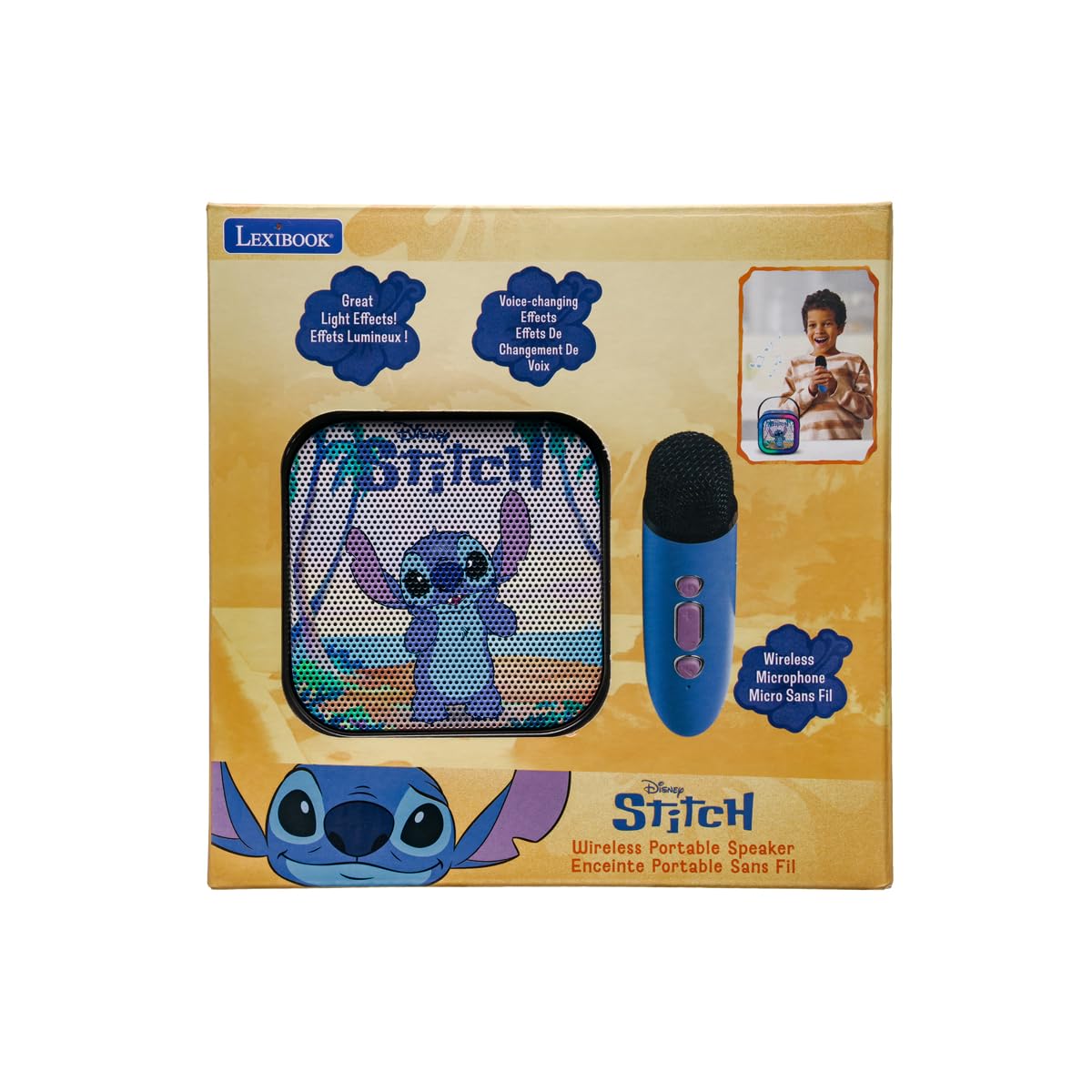 Lexibook, Disney, Karaoke con Microfono Wireless, Blu, BTC020DLXB | Altoparlante karaoke Stitch con microfono wireless, Bluetooth 5.0, USB-C, luci e design compatto