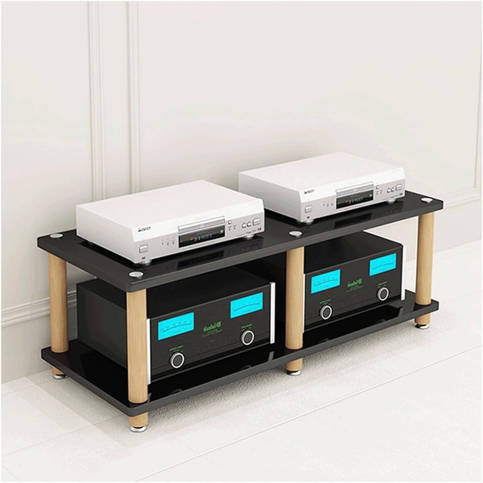 Estante ancho doble de madera para organizar tu salón de audio y video con estilo