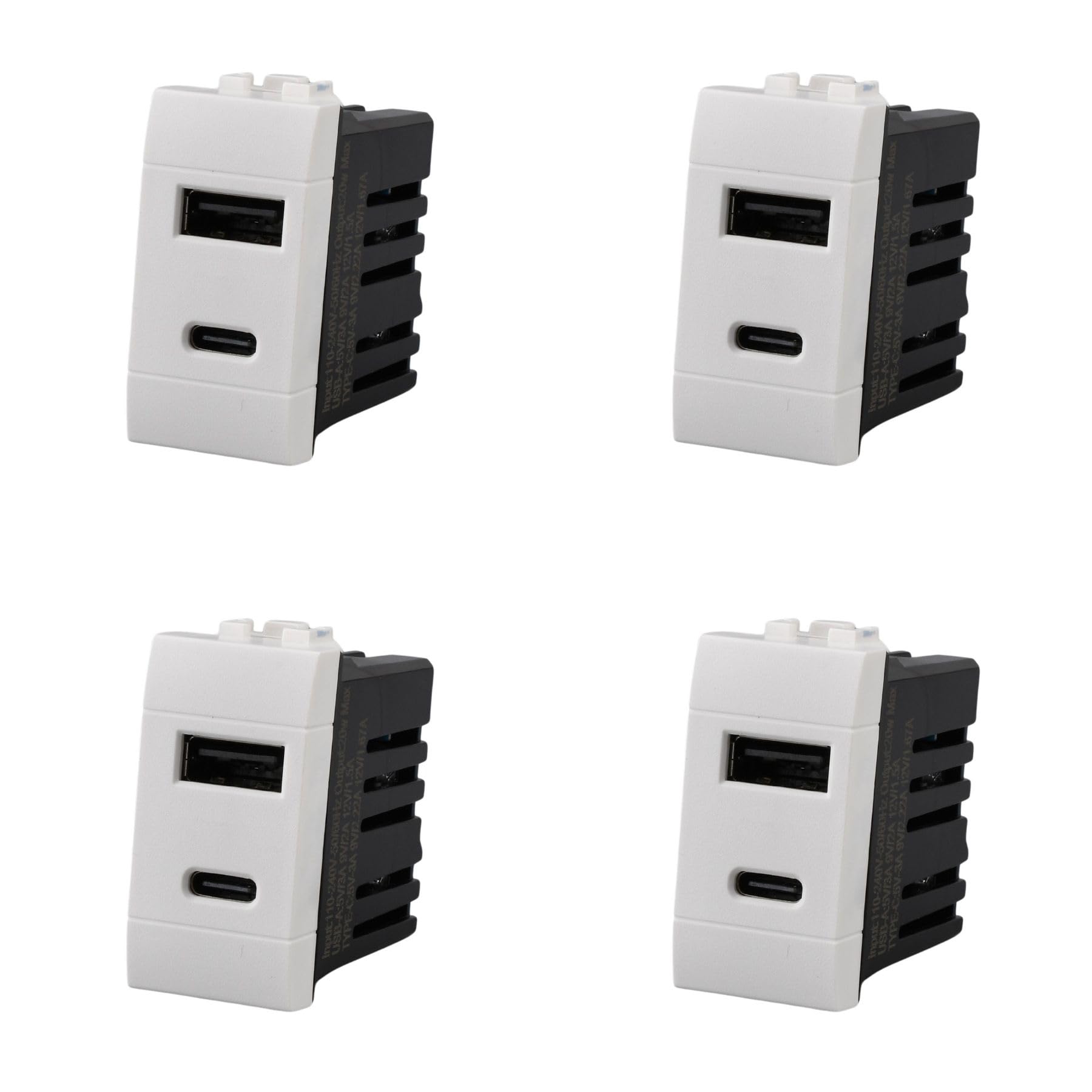 4 Stück USB-Ladegerät 1 Modul, USB-A QC 3.0 + USB-C PD 20 W, Schnellladung 5 V 9 V 12 V, kompatibel mit Bticino Living Light, Farbe Weiß, Serie MBL