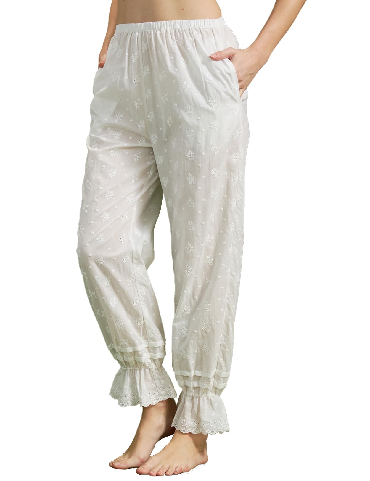 BEAUTELICATE Pantalones de Pijama para Mujer Estilo Vintage Victoriano Pantalones Largos de Algodón con Volantes Cómodos Blanco
