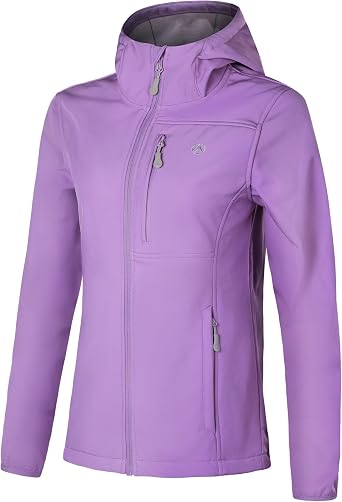 Womens Softshell Jacket with 5 Pockets, Hooded Insulated Windbreaker, Warm Fleece Coat for Hiking Camping Cycling