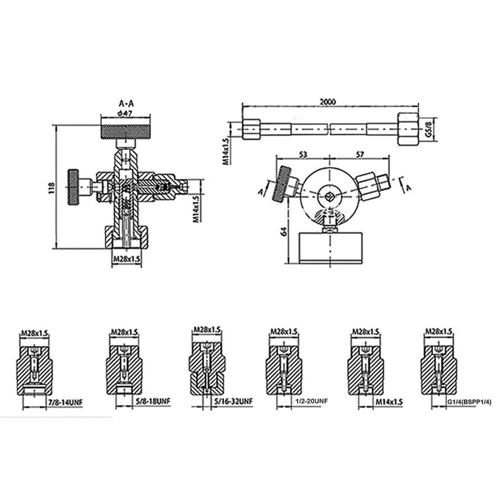 Kit de carga de acumulador de nitrógeno hidráulico, kit de prueba de presión de nitrógeno hidráulico, kit de carga de llenado de nitrógeno con 3 manómetros, 7 acoplamientos y 1 manguera de gas
