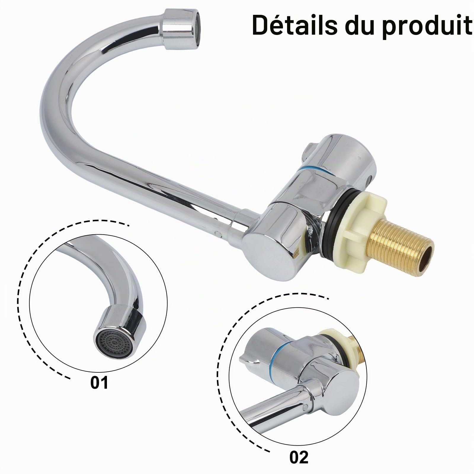 Robinet d'évier pliable pour camping-car rotatif à 360° pour acier inoxydable G1/2 filetage eau froide simple avec finition chromée pour camping-car, yacht, cuisine