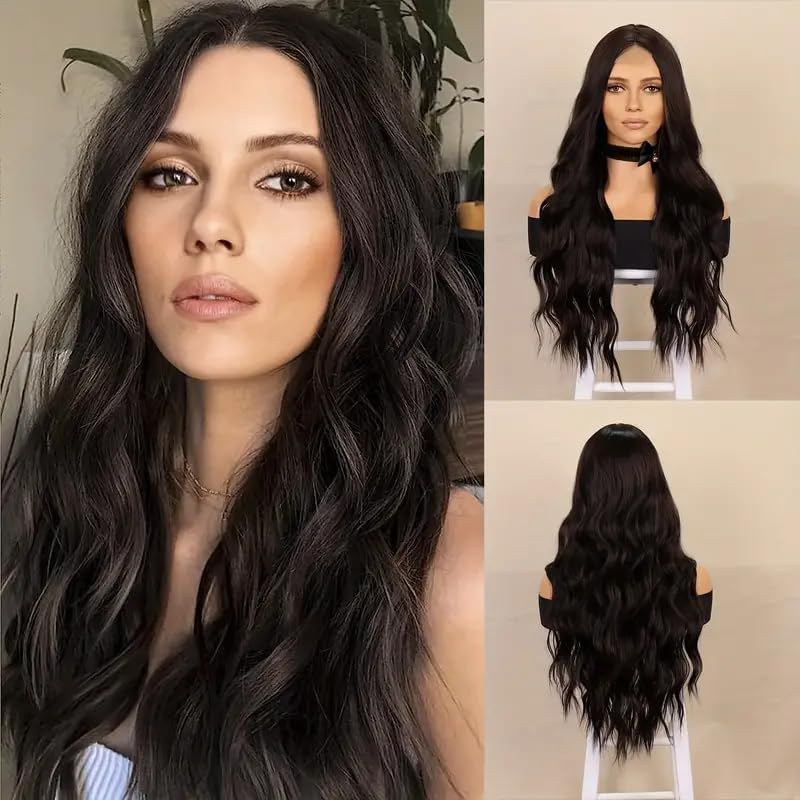 Image of Wavy Hair Wig For Women Dark Brown | Heat Resistant Synthetic Hairs | Long Hairs | Natural hairs Wigs | 26 Inch Long Hairs | Washable | WigCap & Hair Brush (pack of 1)