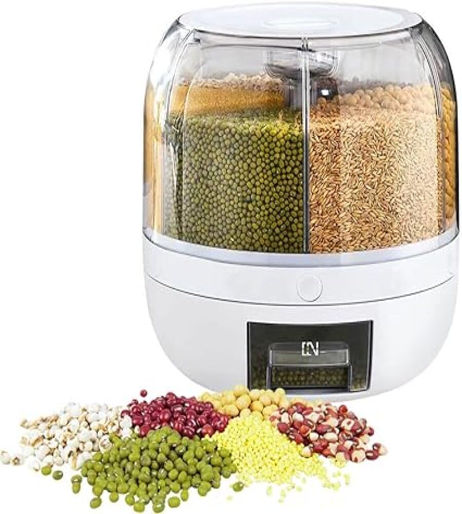 showkah® Rice Dispenser 360° Rotating 6-Grid Rice Storage Container & Grain Storage Box Waterproof and Moisture-proof Dry Food Storage for Home & Kitchen Rice Storage Bucket (Big)