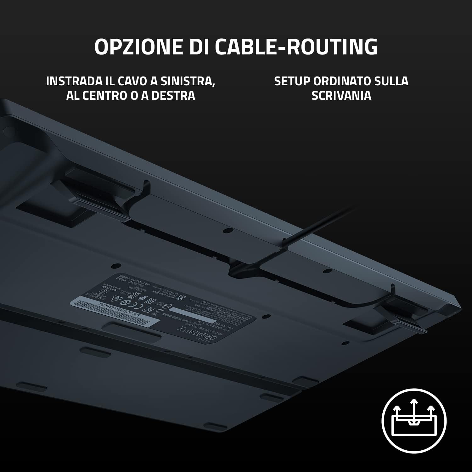 Underside of Razer Ornata V3 X showing cable routing channels