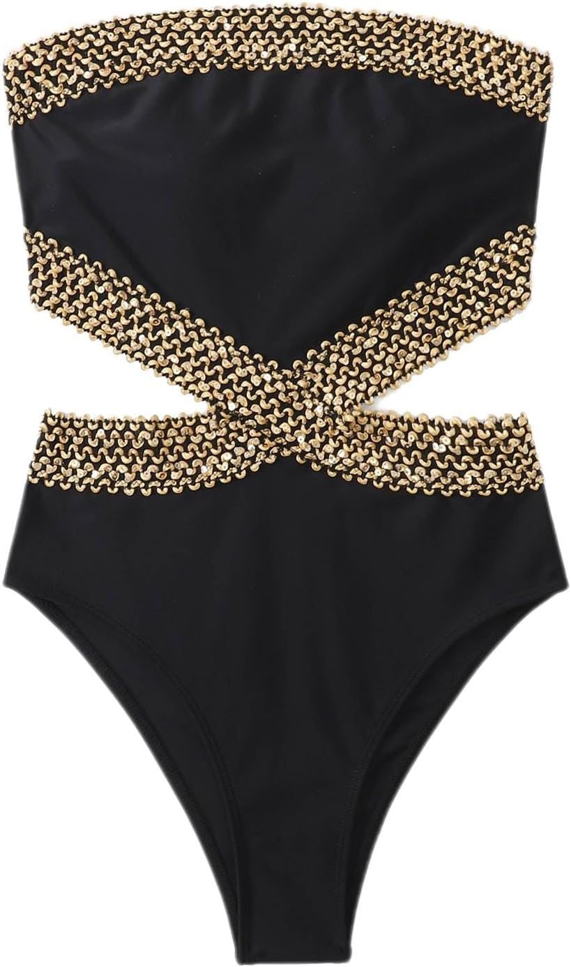 Women's Stitch Detail Strapless One Piece Swimsuit Cut Out Bandeau Bathing Suit