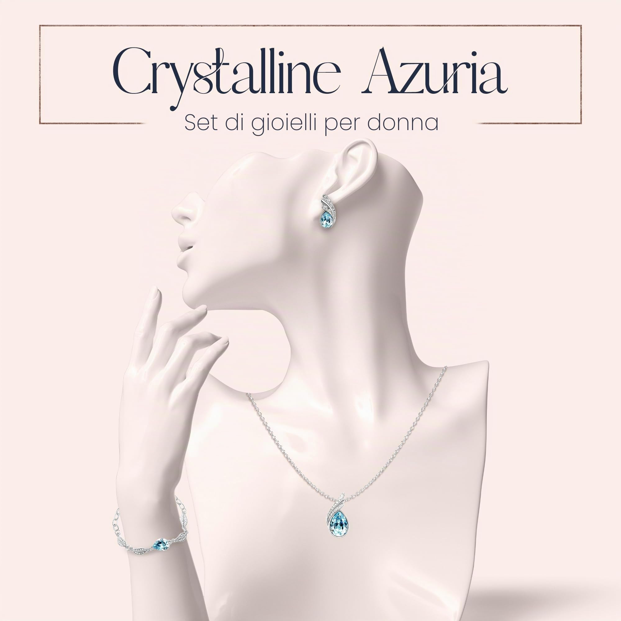 Crystalline Azuria Donna 18ct Placcato Oro Bianco Lacrima Cristalli Blu Acquamarina simulato Parure Collana Orecchini Bracciale