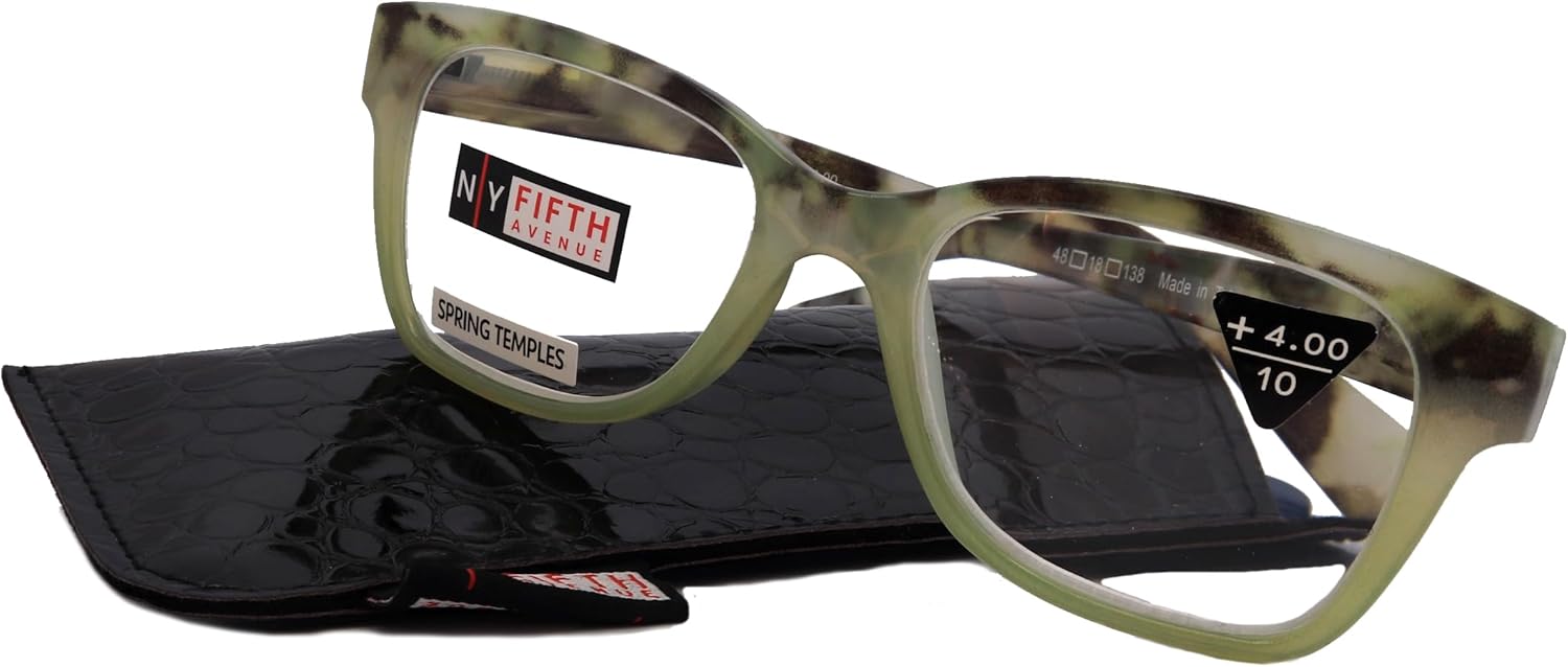 NY FIFTH AVENUE Aya, Premium Reading Glasses, High End Fashion Reader,+1.25 to +4 magnifiers, Square Green & Black Tortoise. Optical Frame