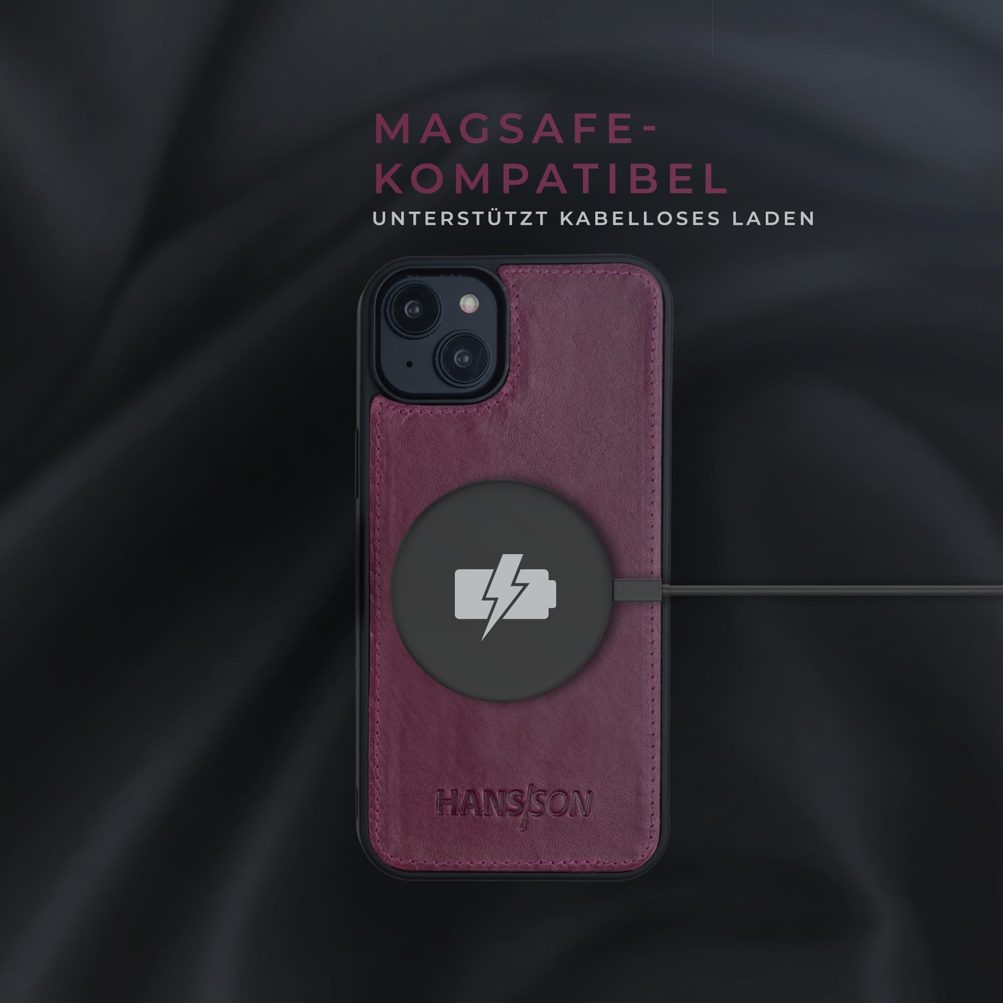 HANS/SON Echt-Leder-Handyhülle für iPhone 14 – Schmale 2 in 1 Klapphülle mit Kreditkartenetui, Magsafe kompatibel, perfekte Passform, stoßfest, Standfunktion, 6,1 Zoll – Magenta