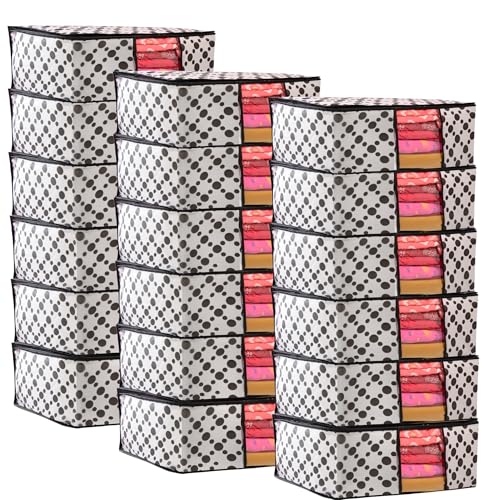 Image of Non-Woven Saree Covers with Zipper & Transparent Window | Clothes Storage Bags for Wardrobe Organization | White Dustproof Garment Storage box with Black Dot for Sarees and Clothes (Pack of 18)