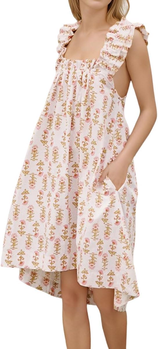 Womens Ruffle Nightgown Sleeveless Floral Night Gown Cotton Nightdress