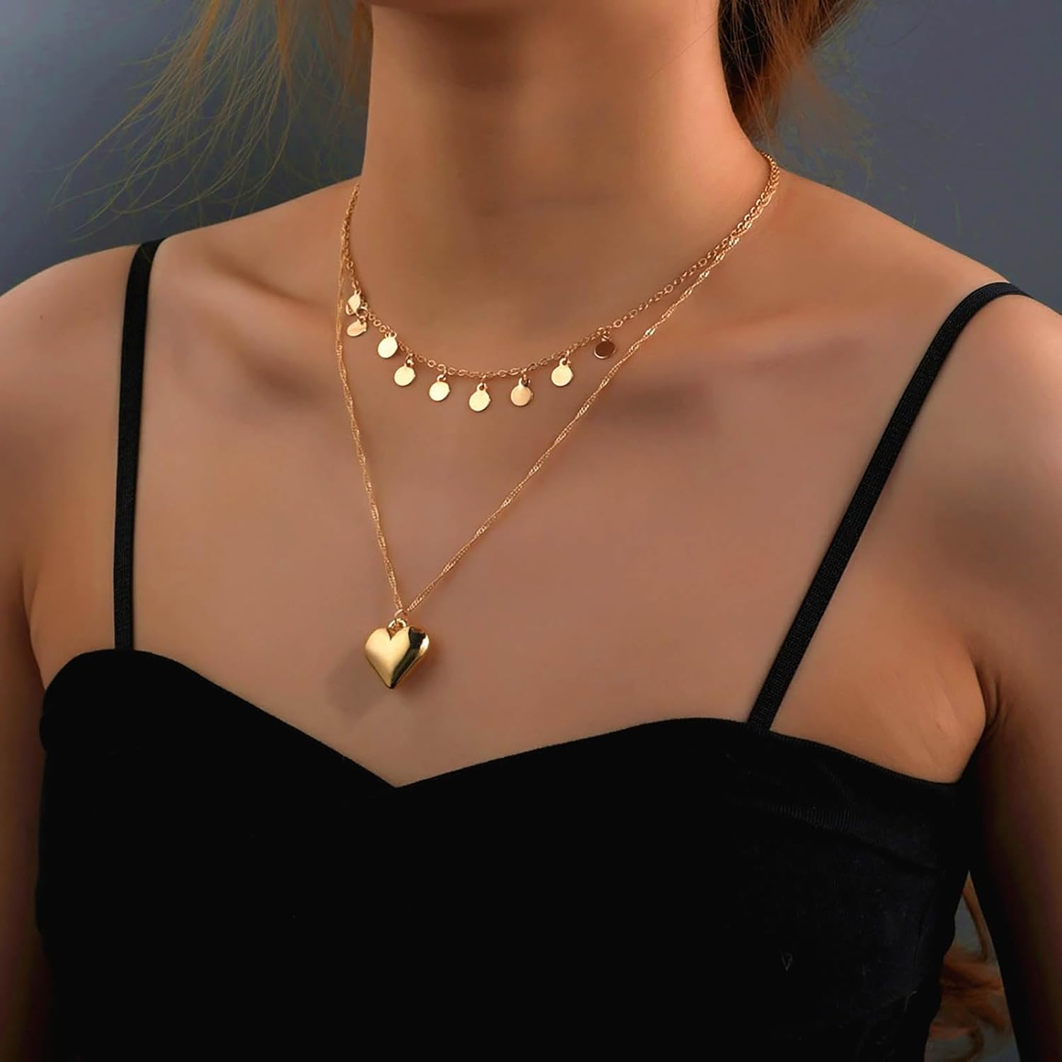 Boho Layered Heart Pendent Necklace Gold Disc Sequin Necklace Puffed Heart Necklace Coin Dangle Choker Necklace Small Disc Coin Necklace Jewelry for Women - Image 2