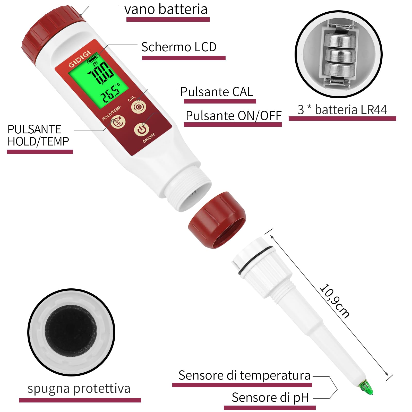Tester di pH per alimenti GIDIGI, sonda di pH per pasta madre e pane, misuratore di pH professionale per fermentazione, formaggio, carne, inscatolamento, sonda di pH a lancia per semisolidi, acqua