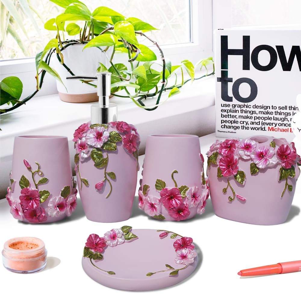 LUANT Vintage Pink Bathroom Accessories, 5Piece Bathroom Accessories Set, Bathroom Set Features, Soap Dispenser, Toothbrush Holder, Tumbler & Soap Dish - Bath Gift Set