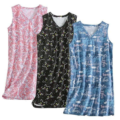 Image of PNAEONG 3 Pack Womens Cotton Nightgown V Neck Nightshirts Sleeveless Sleepwear Casual Print Sleepdress