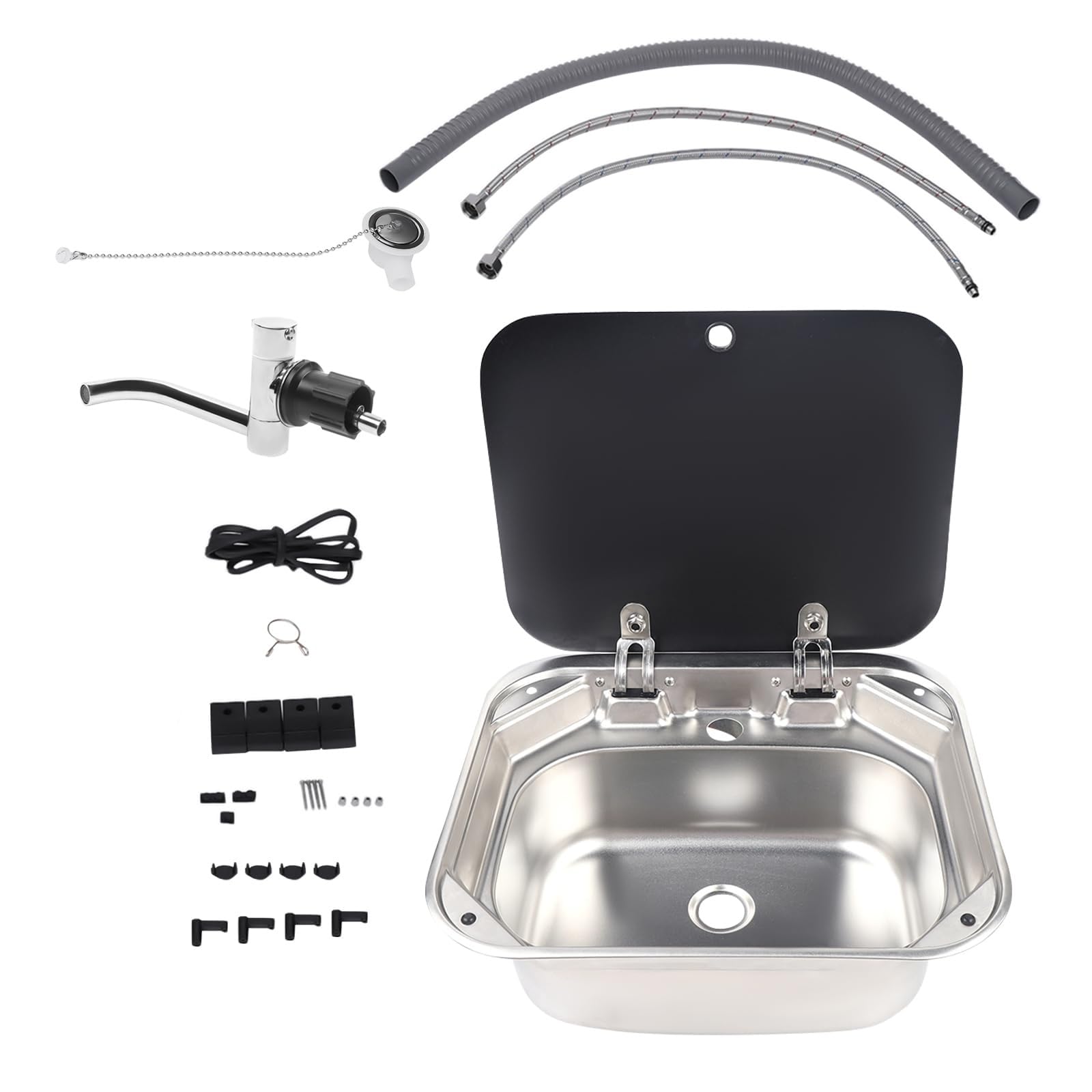 Fregadero para autocaravana, fregadero de cocina de acero inoxidable con grifo plegable y tapa de vidrio, fregaderos empotrables, lavabos de un solo tazón, kit de fregadero para autocaravana,remolque