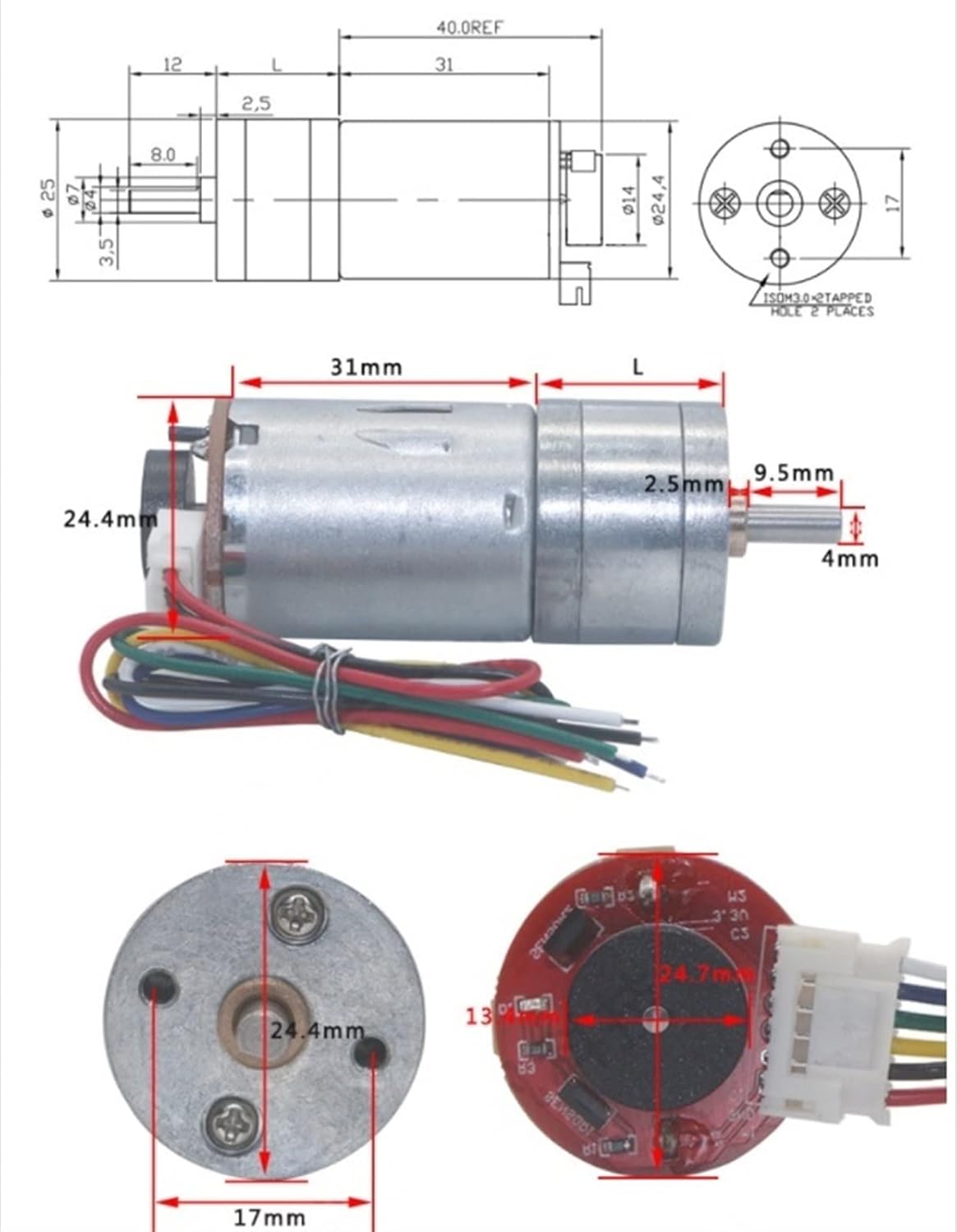 Technical drawing with dimensions of the JGA25-370 motor