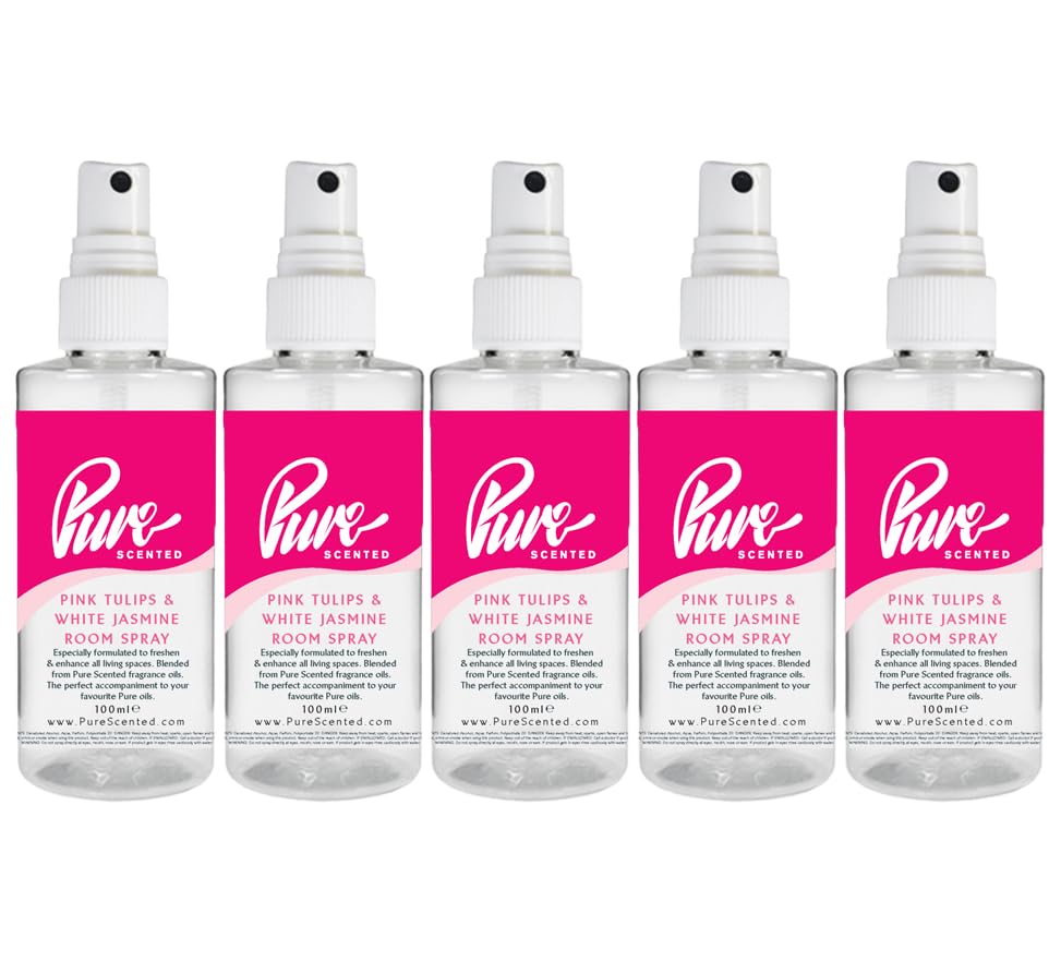 "Pure Scented 500ml Room & Fabric Sprays 5 x 100ml Suitable For Home, Car, Caravan, Work, Gym Bags, Odour Eliminators (5 x 100ml, Pink Tulips & White Jasmine)"