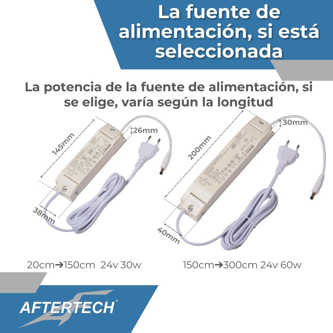 AFTERTECH Barra LED Perfil Plano de Aluminio NEGRO al centímetro de 20 a 300cm en UNA SOLA PIEZA - LUZ POTENTE 19,2w/m 180led/m - PERSONALIZABLE Bajo Mueble de Cocina