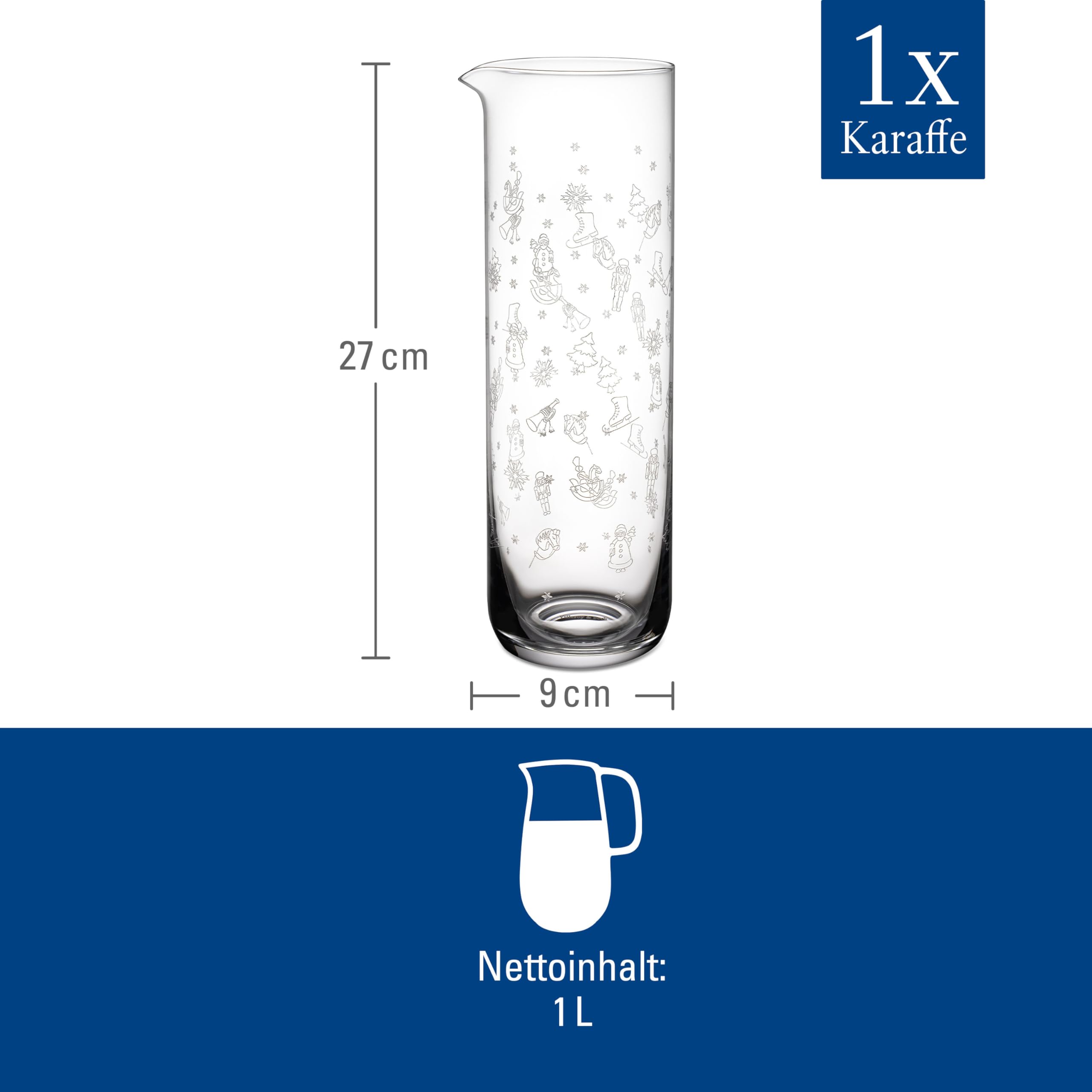 Villeroy & Boch - Toy's Delight Wasserkaraffe 1 Liter Klar, Spülmaschinenfest, Weihnachten, Glaskaraffe 1l, Saftkrug, Wasserkrug, Kanne, Weihnachtsmotiv, Kristallglas