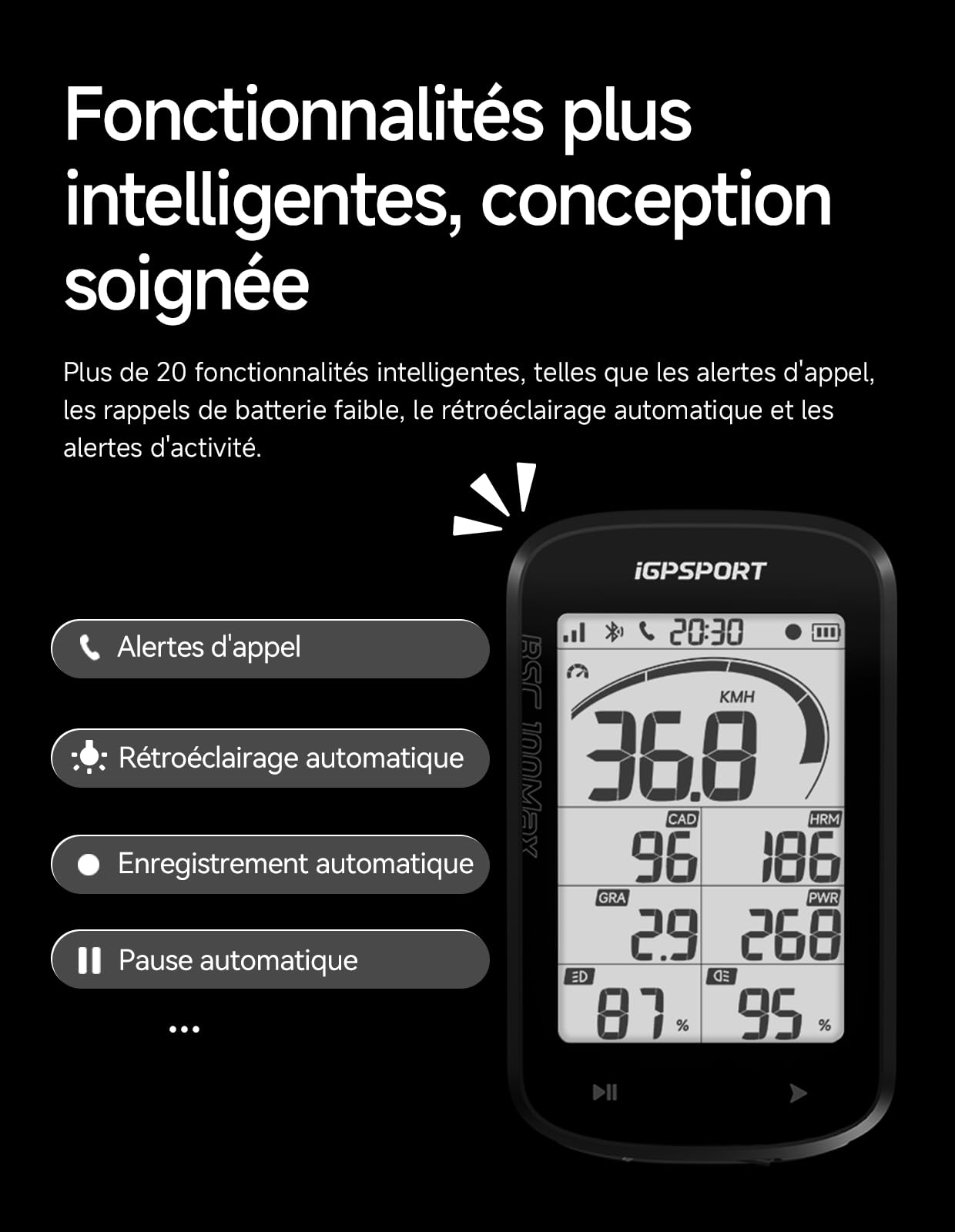 iGPSPORT BSC100MAX Compteur Velo sans Fil, Écran 3" Grand Démarrage/Arrêt Automatique 40H d'Autonomie Données Personnalisables IPX7 Étanche Compteur Velo GPS