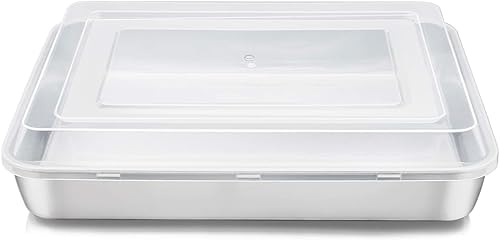 E-far - Molde de acero inoxidable para hornear con tapa, 12⅓ x 9¾ x 2 pulgadas, moldes rectangulares para pastel de lámina con cubiertas, utensilios