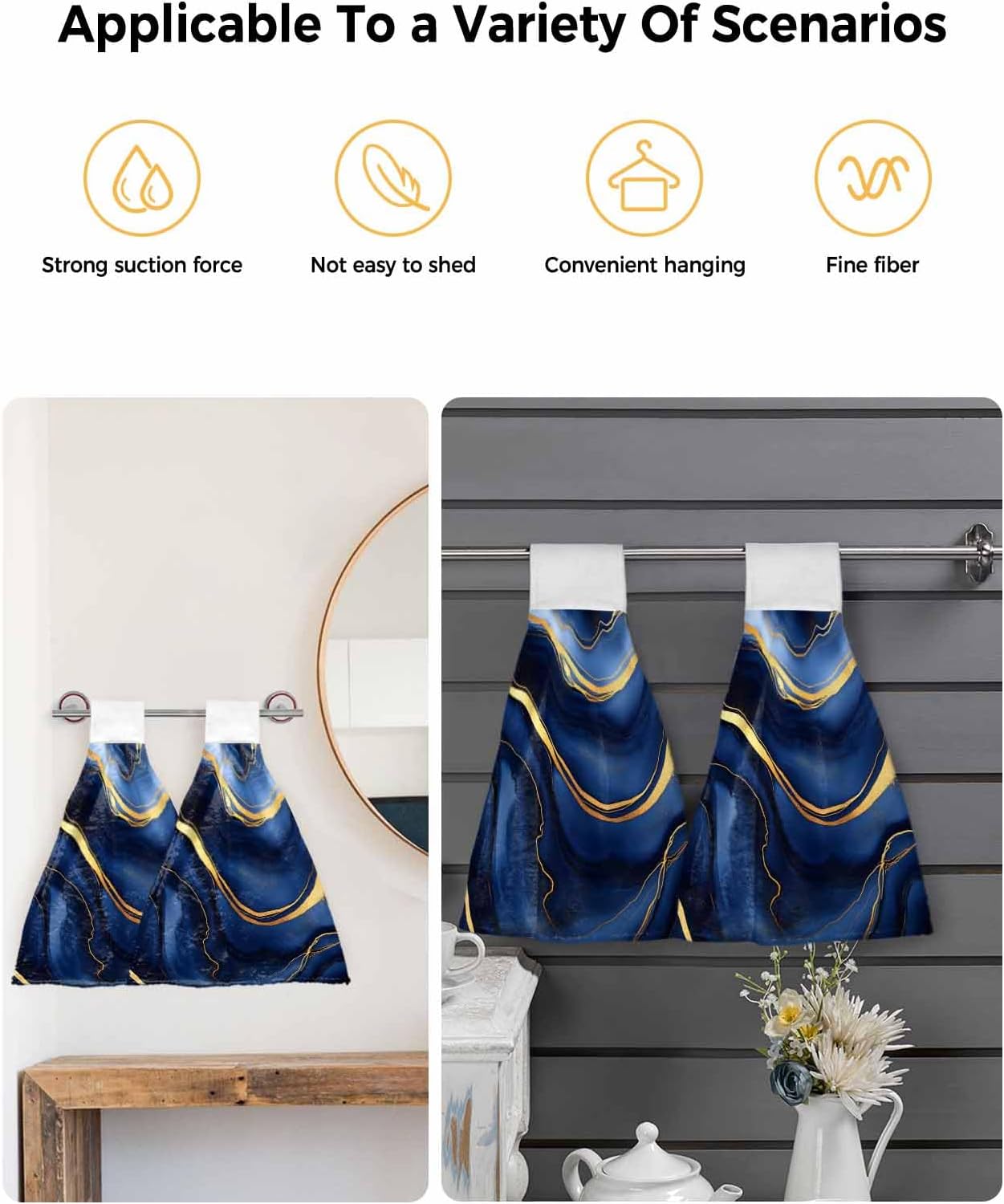Marble Kitchen Hand Towels with Hanging Loops, Super Soft Thick Oven Fingertip Dry Microfiber Tie Dish Towel Absorbent Cleaning Washcloth for Bathroom, Kitchen Modern Navy Blue Abstract Gold