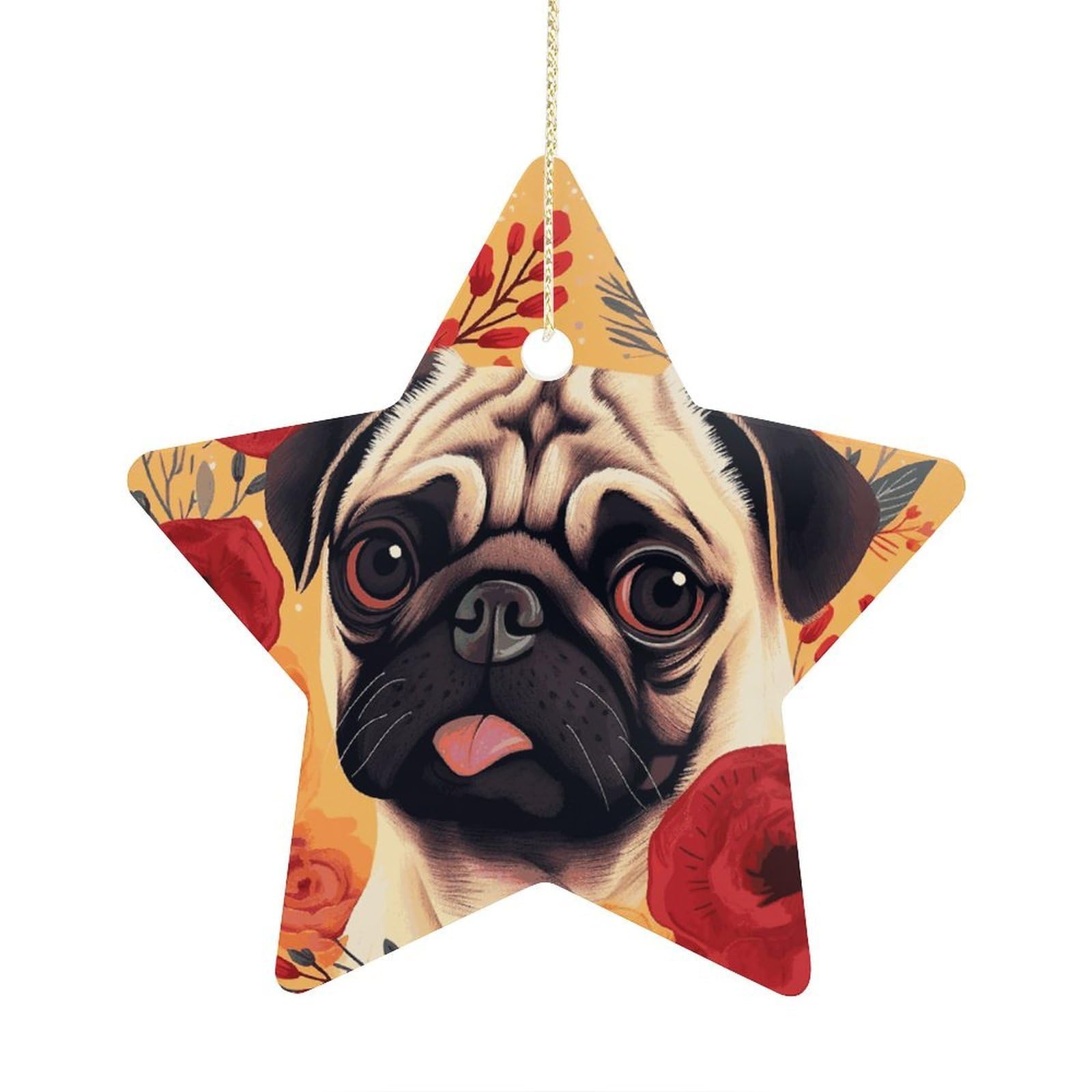 Pug Flower Stars Ornaments Ceramic Christmas Tree Hanging Light in Weight Christmas Star Pendants Funny Double-Sided Printed Xmas Ornaments for Gifts