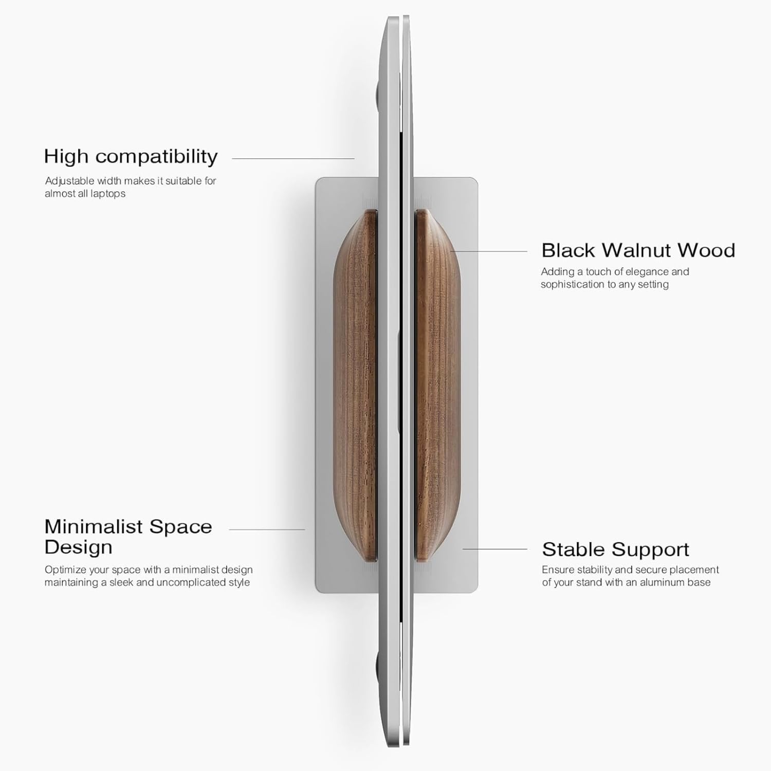Soporte Vertical para portátil, Soporte Ordenador Portatil de Madera de Nogal Negro y Aluminio para MacBook, Surface, Samsung, HP, DELL, ‌Chromebook
